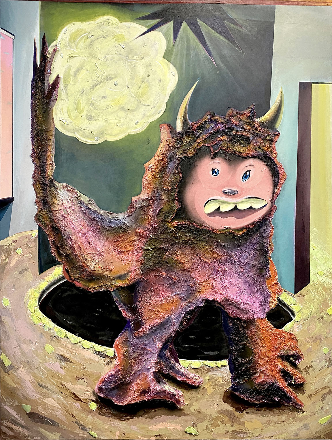 "E.M.P", Acrylic, Cotton Pulp, Synthetic Hair, Compact Disc on Canvas, 46" x 60", 2022