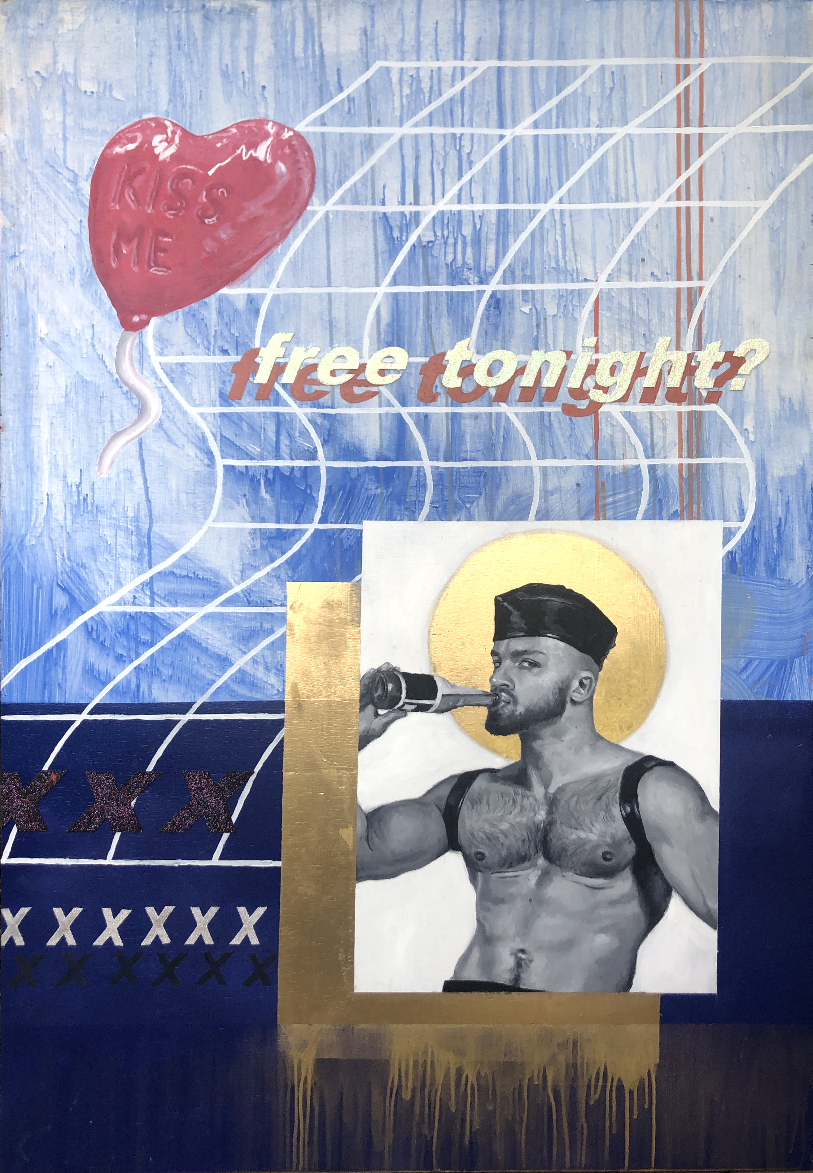 'free tonight?', mixed media on board.