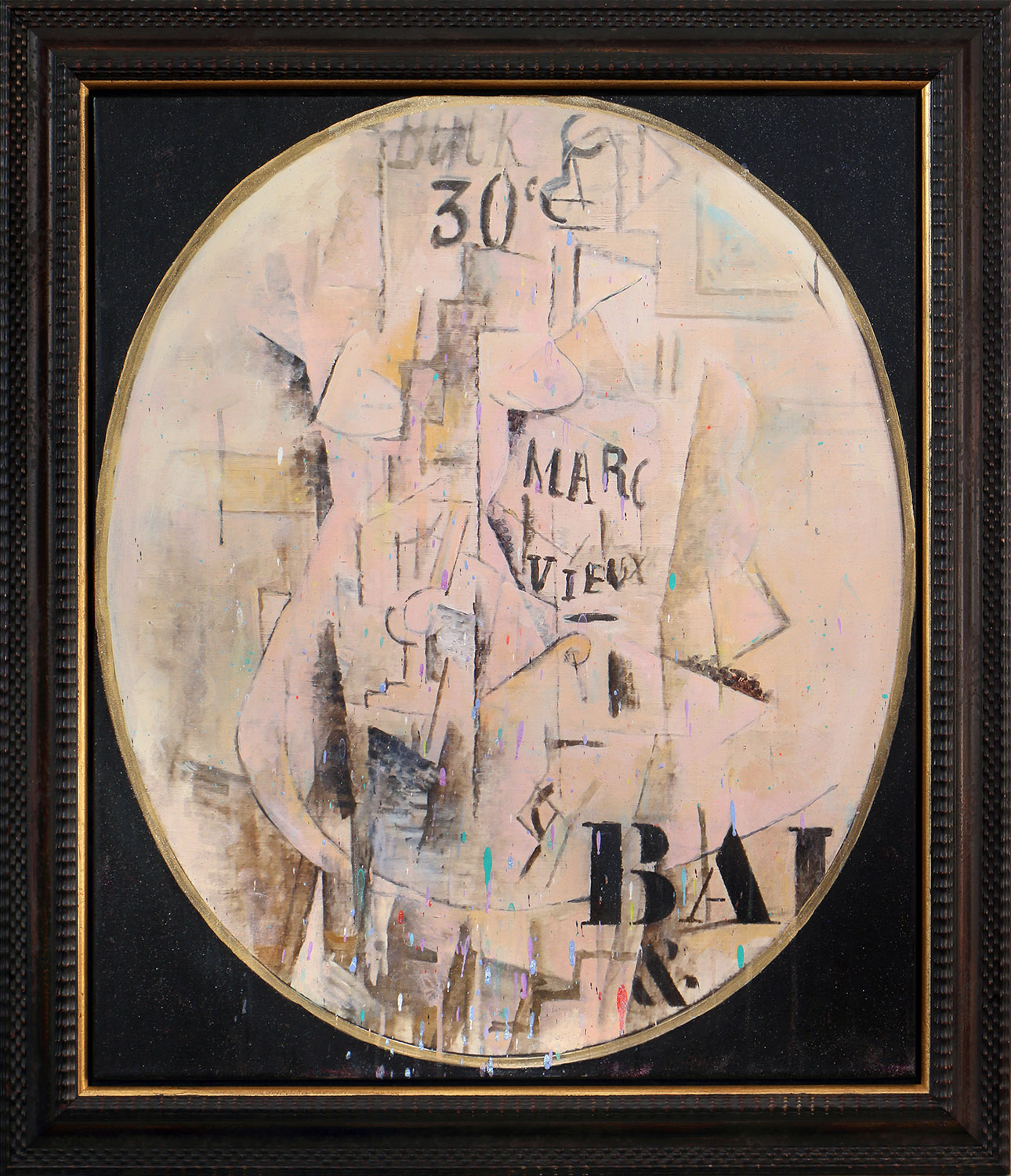 Bric-a-Braque (with Cubist Nude Background), 2018 Acrylic on canvas, antique frame, hand-embellishments, glitter, 36 x 30 ½ in. Private Collection.