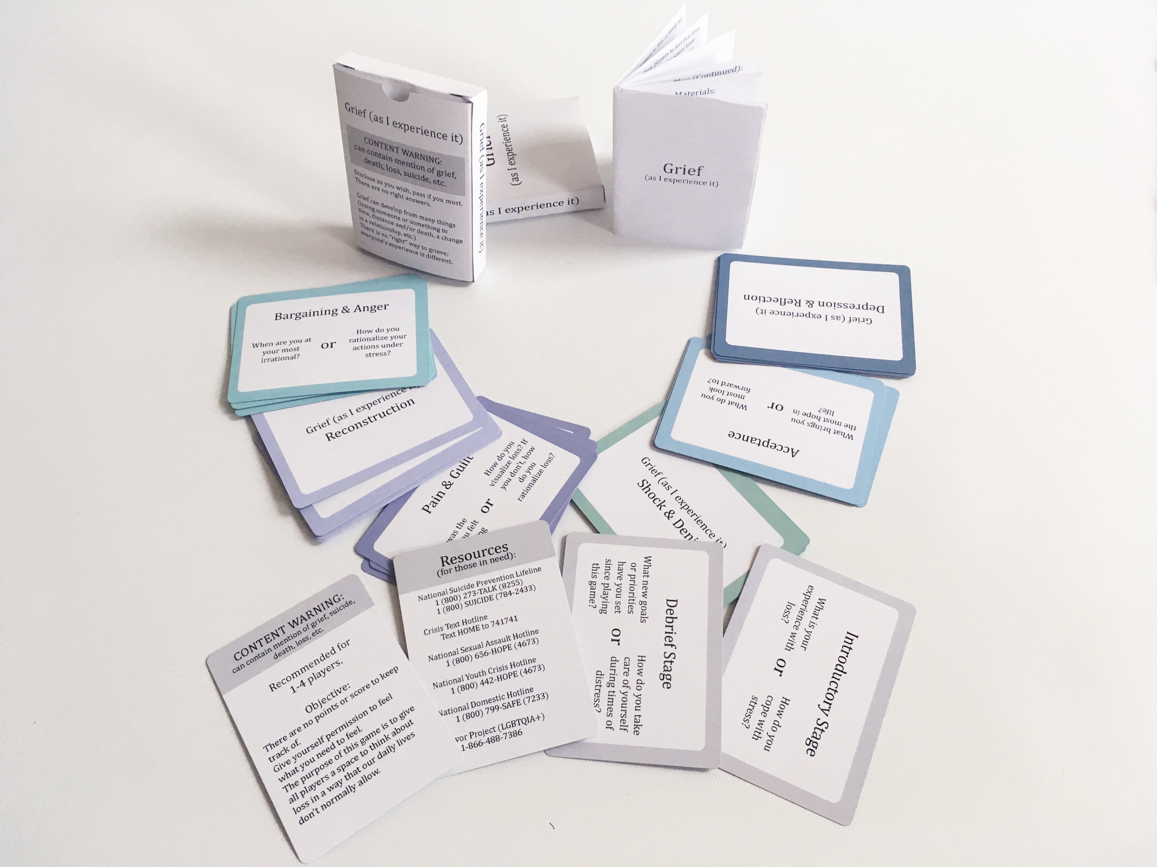 custom card set with five categories: Bargaining & Anger, Reconstruction, Pain & Guilt, Shock & Denial, Acceptance, and Depression & Reflection