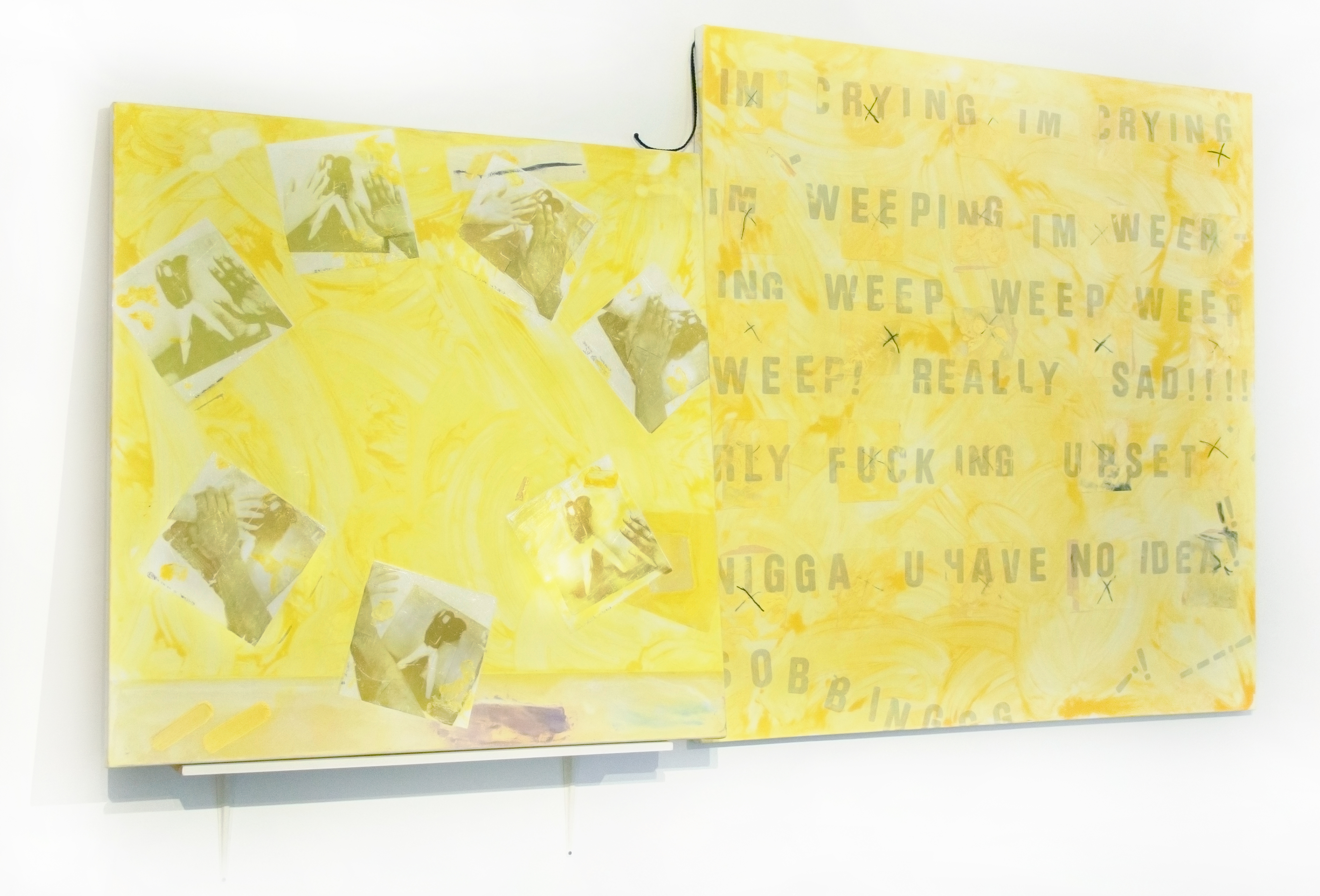 Something About Evelyn Champagne King, Something About, Imitation & Flattery, 2019. 60 x 60" & 30 x 30 inches (diptych). Oil, acrylic, toner transfer on canvas, kanekalon, tape, MDF shelf, metal wall brackets.