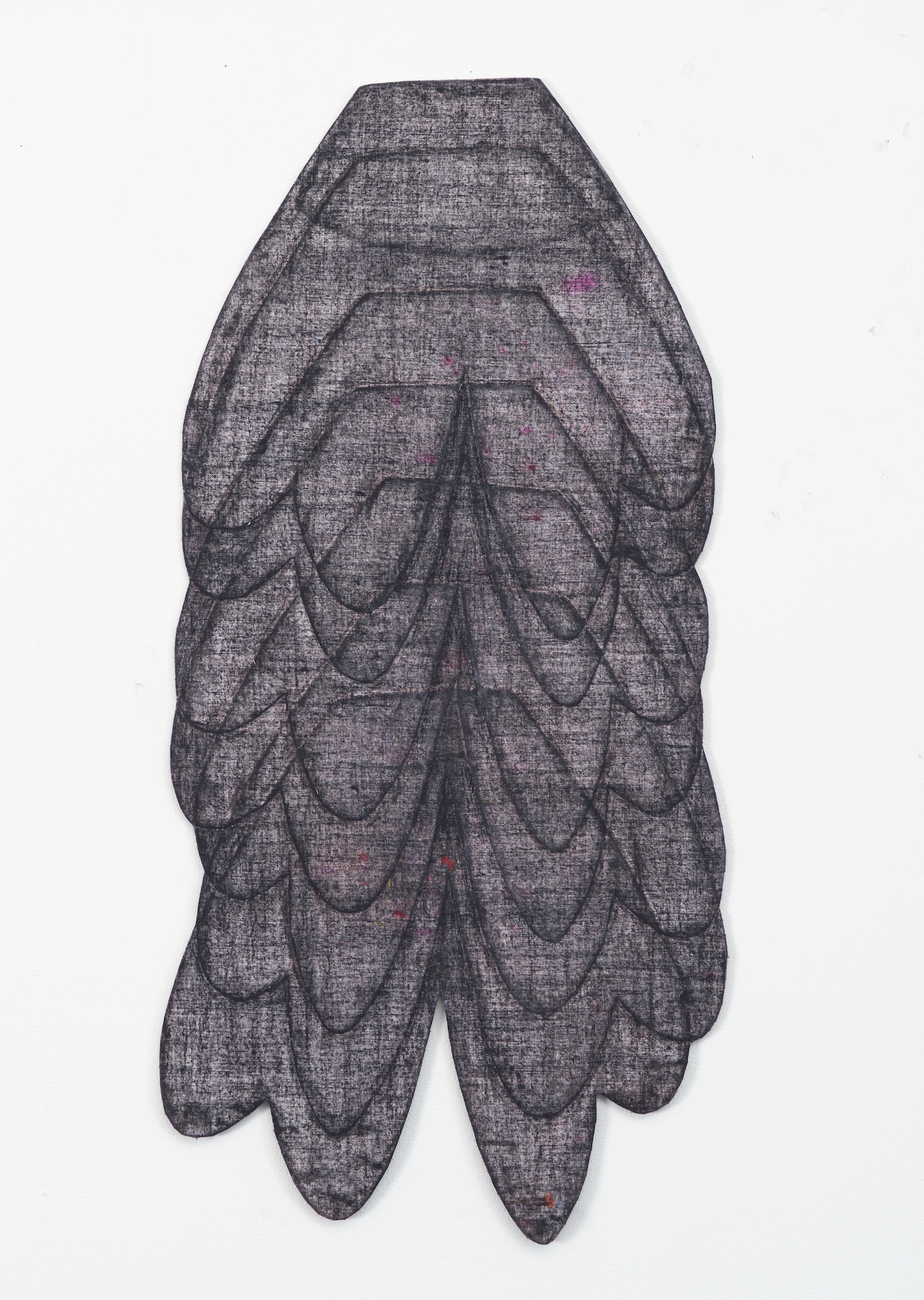  Black Breasts, 2019 . Color pencil and oil pastel on layered cloth on canvas . 67 x 32 cm