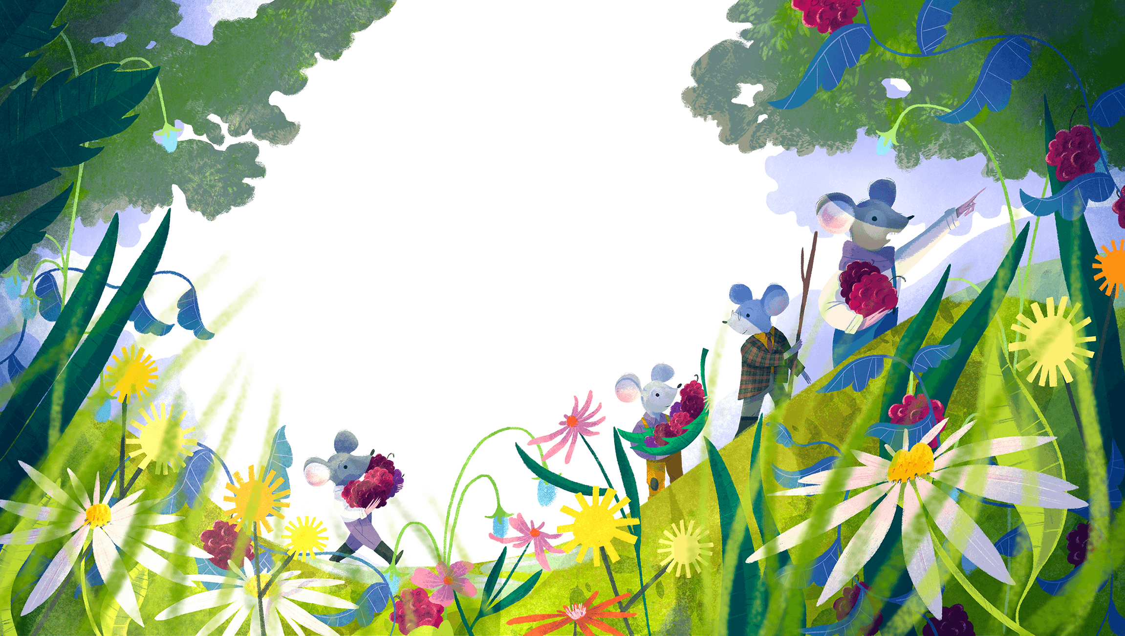 A group of four mice walks through the countryside picking berries.