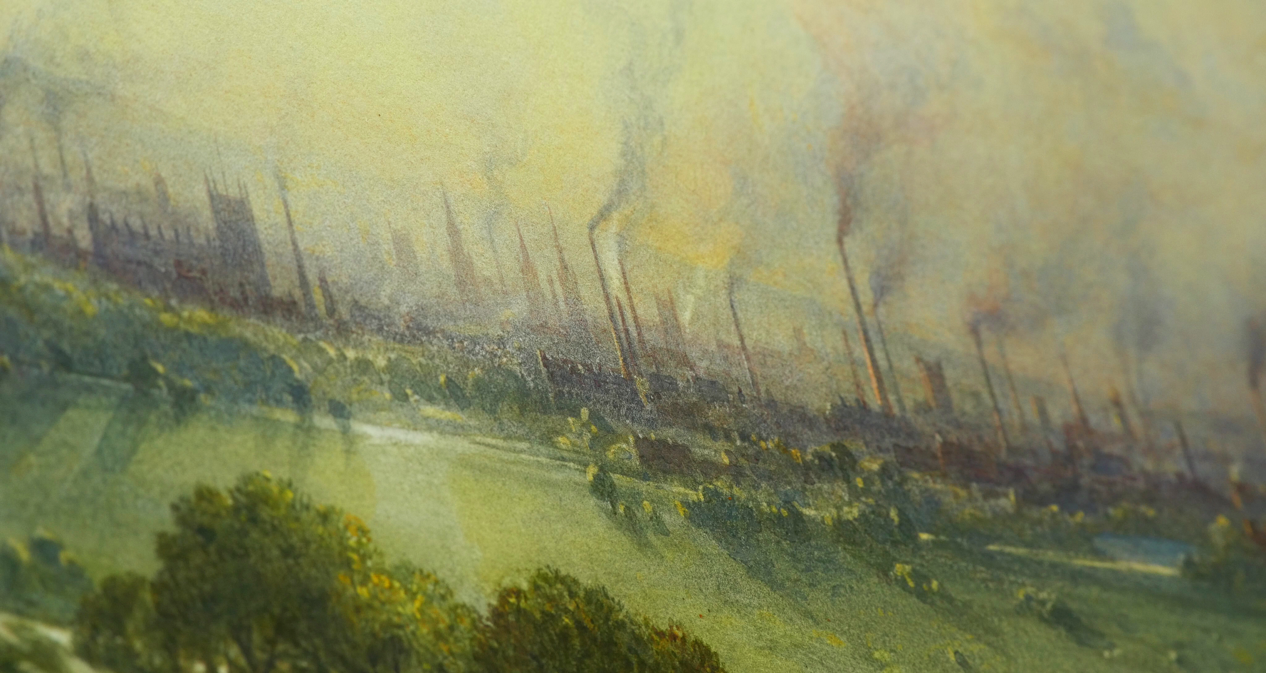 Manchester from Kersal Moor, William Wyld, 1852, showing Manchester, UK. Smokestacks foregrounded by an idyllic scene at sunset. Queen Victoria noted in her journal: "The mechanics and work-people, dressed in their best, were ranged along the streets in their button-holes; both in Salford and Manchester, a very intelligent, but painfully unhealthy-looking population they all were, men as well as women."