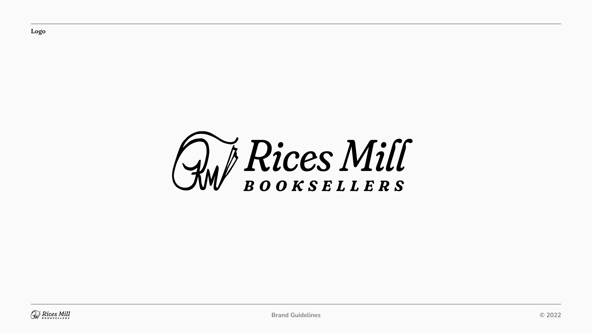 Logo Slide 1: Swirly wordmark with "RM" emblem and "Rices Mill Booksellers"