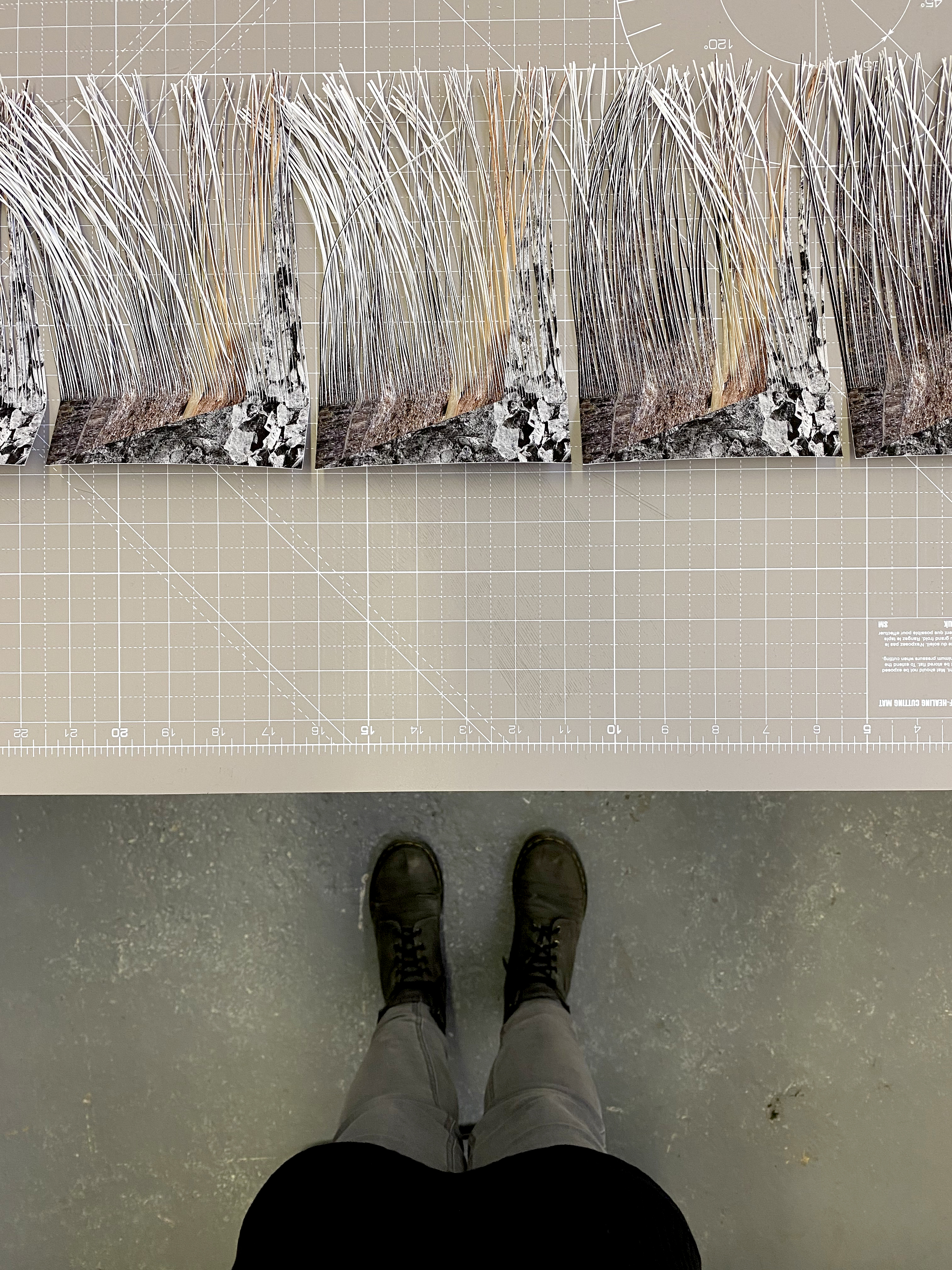 A cutting mat with copies of the paper edition in a row with Victoria's feet visible.