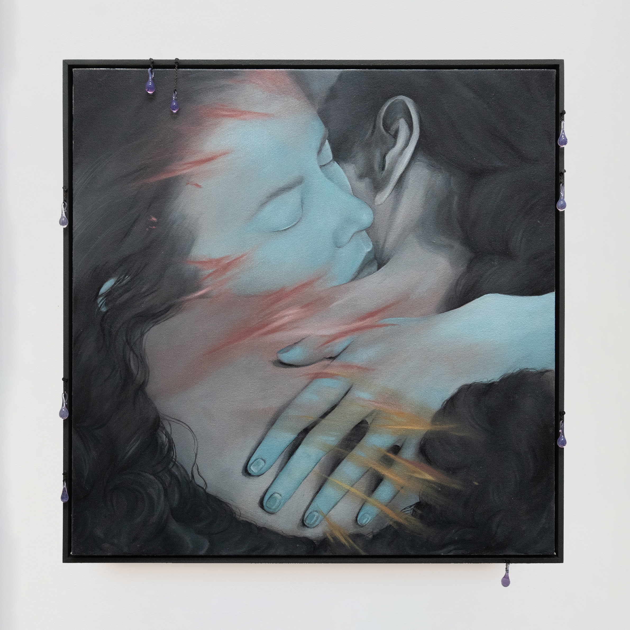 Embracing the Shadow, 2023, oil paint on canvas-wrapped wooden board, nails, glass, wooden frame,21 x 21 x 1 3/4 in.