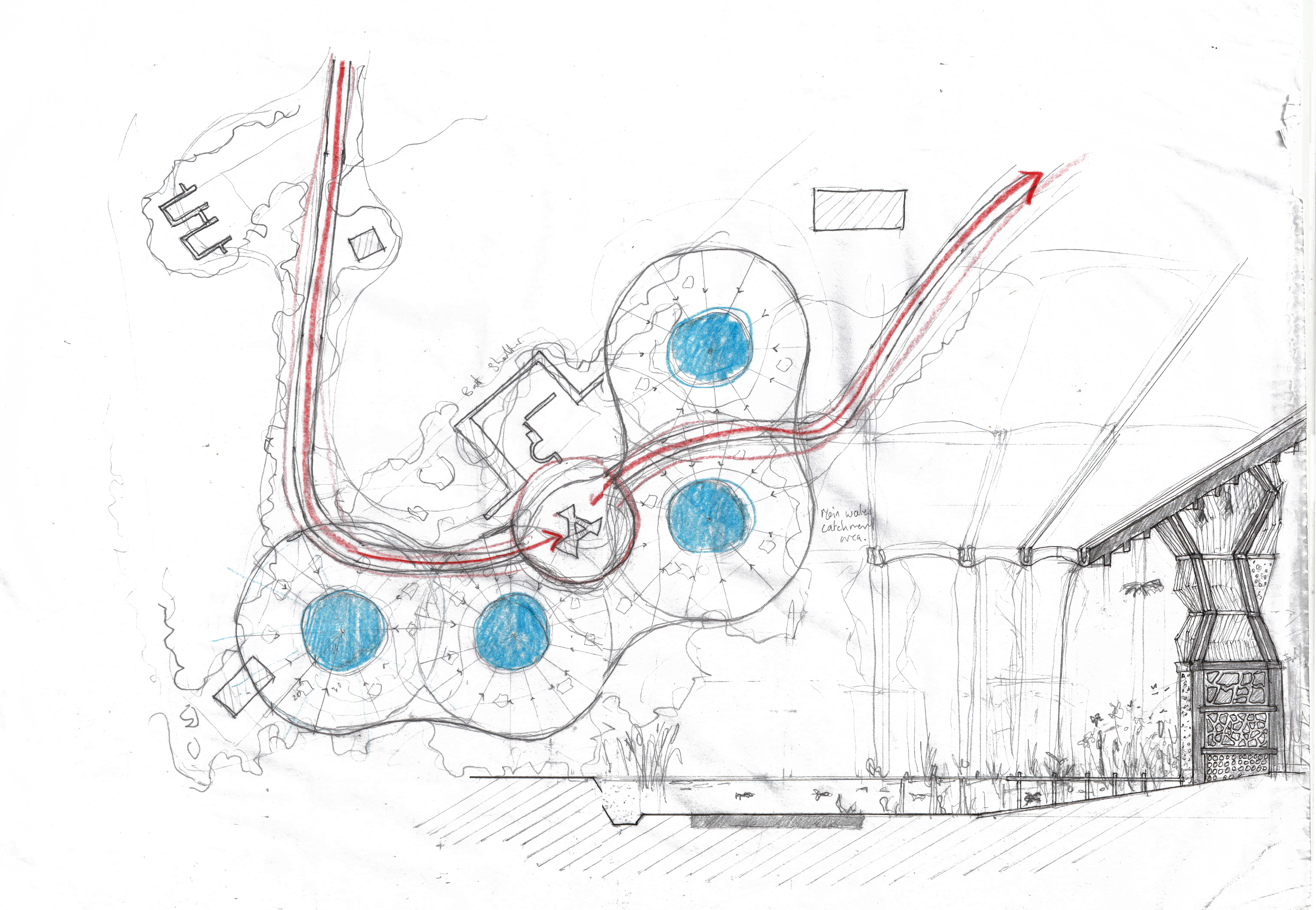 2021, Sketch, Hand Drawing on Tracing Paper. Micro-Climatic adaption for the 'Pannonian' or wetland region - missile launch pads are transformed into pods using rainwater collectors. Central is a new look out tower allowing a view over the landscape