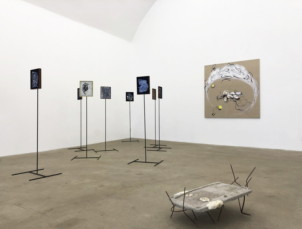 Sigrid Sandström: small paintings on steel stands, Jenny Kalliokulju: painting on the wall and sculpture 2019