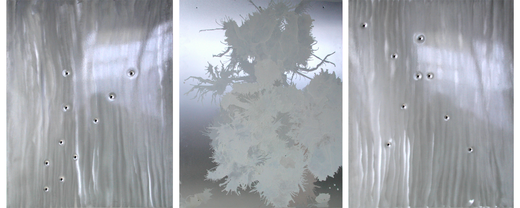 Vortices With Reising .45 (three panels), 2002, oil on aluminum with gunshot, 60x48 in