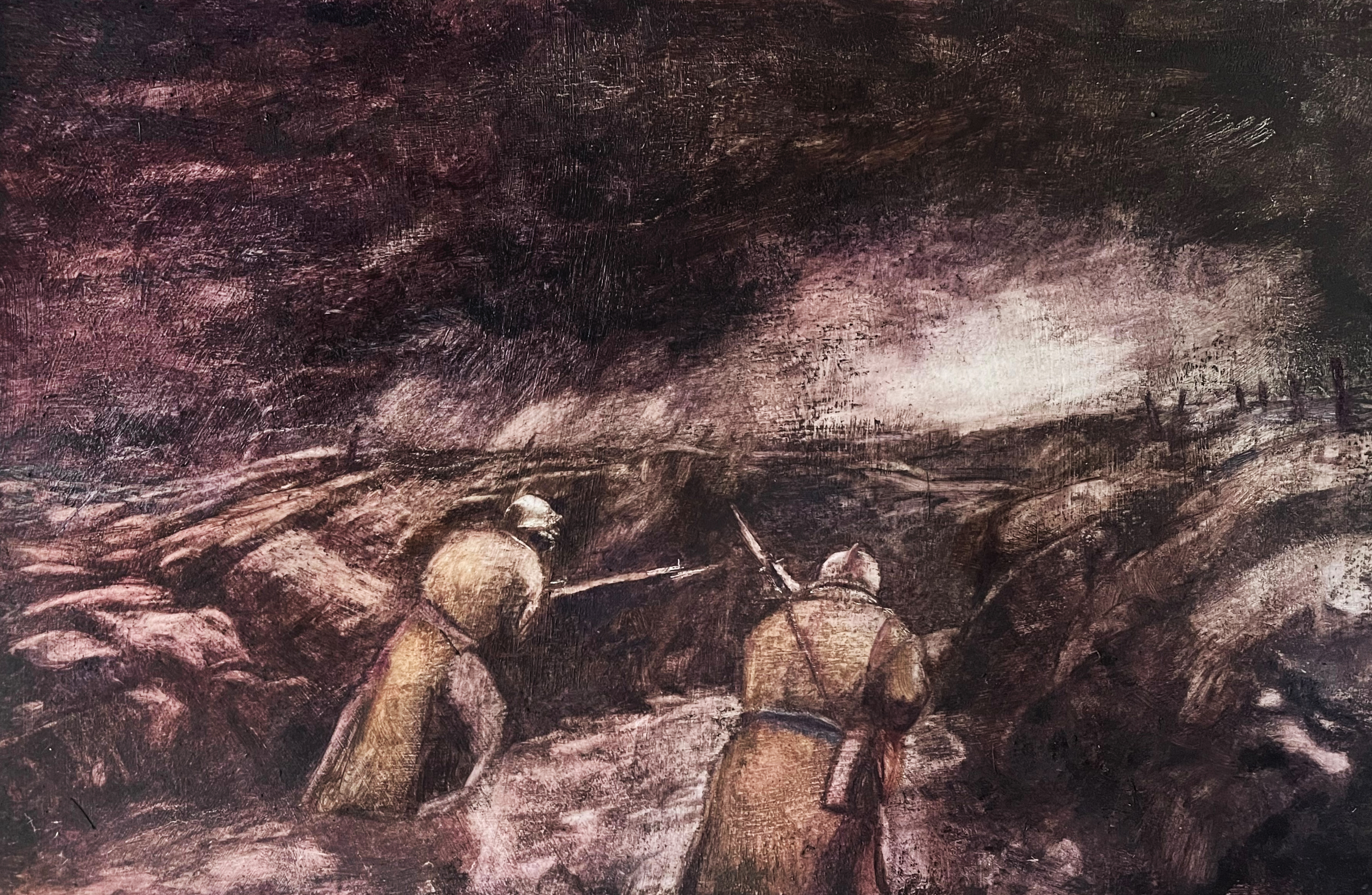 Soldiers in Trench, oil on prepared paper, 2019
