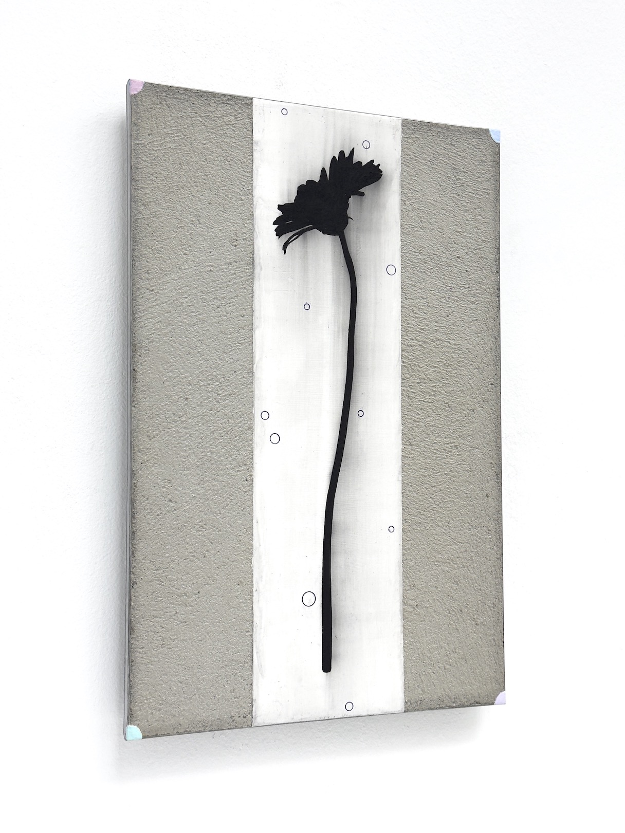 ‘Alone but not alone’, 2024, conté pencil, acrylic and ballpoint on plaster and cement on aluminium and plaster profile, 30 x 20 cm, private collection.