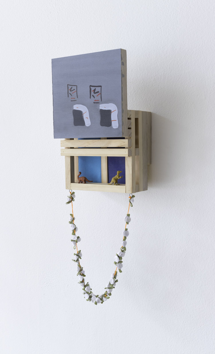 Little Windows, 2018, 17.5” x 5.5” x 4.75” Pine, gouache, paper, prismacolor pencil, rubber dinosaurs, foam-core, fabric, rosettes, thread, and eye hooks