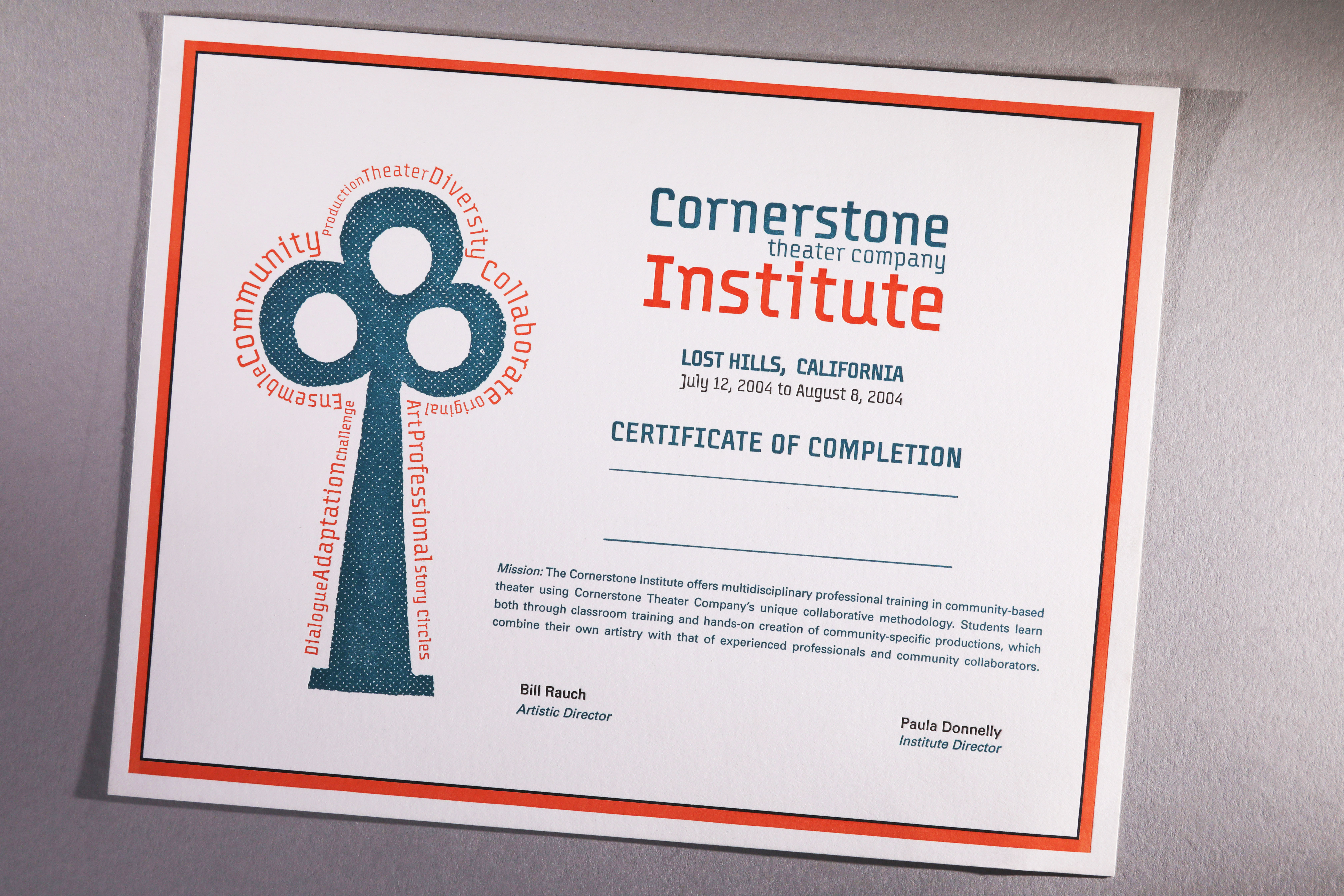 LETTERPRESSConerstone Theater Company certificate