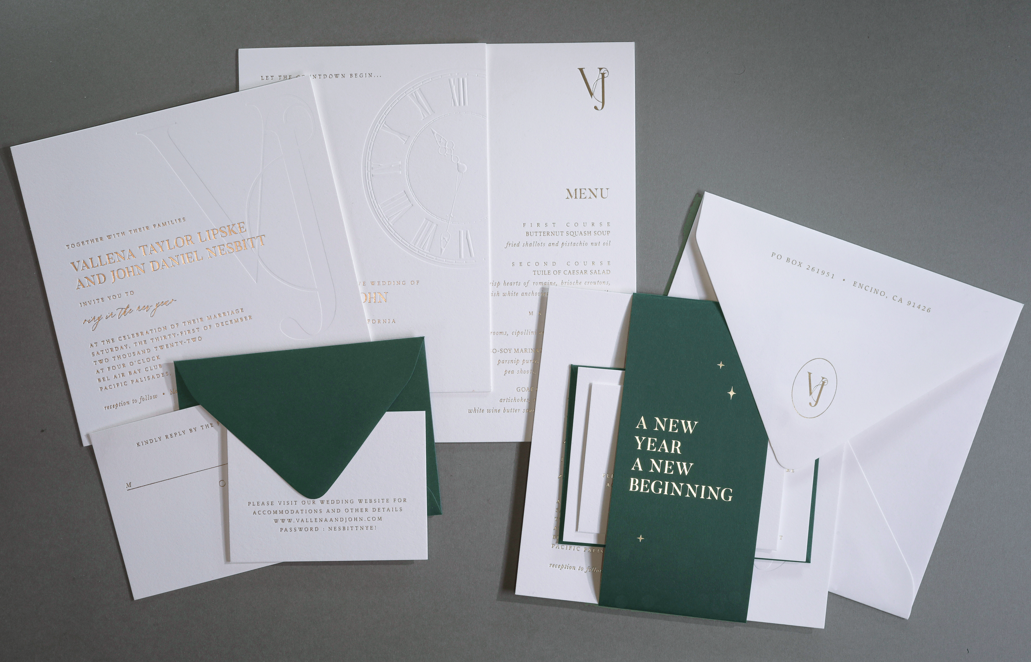 Vallena & John wedding invitation for Orange Blossom Special Events Gold foil stamping on all the pieces, the clock blind embossed/debossed on the save the date and the VJ inital blind impression on the invitation.Papers Savoy in brilliant white and Colorplan in racing green