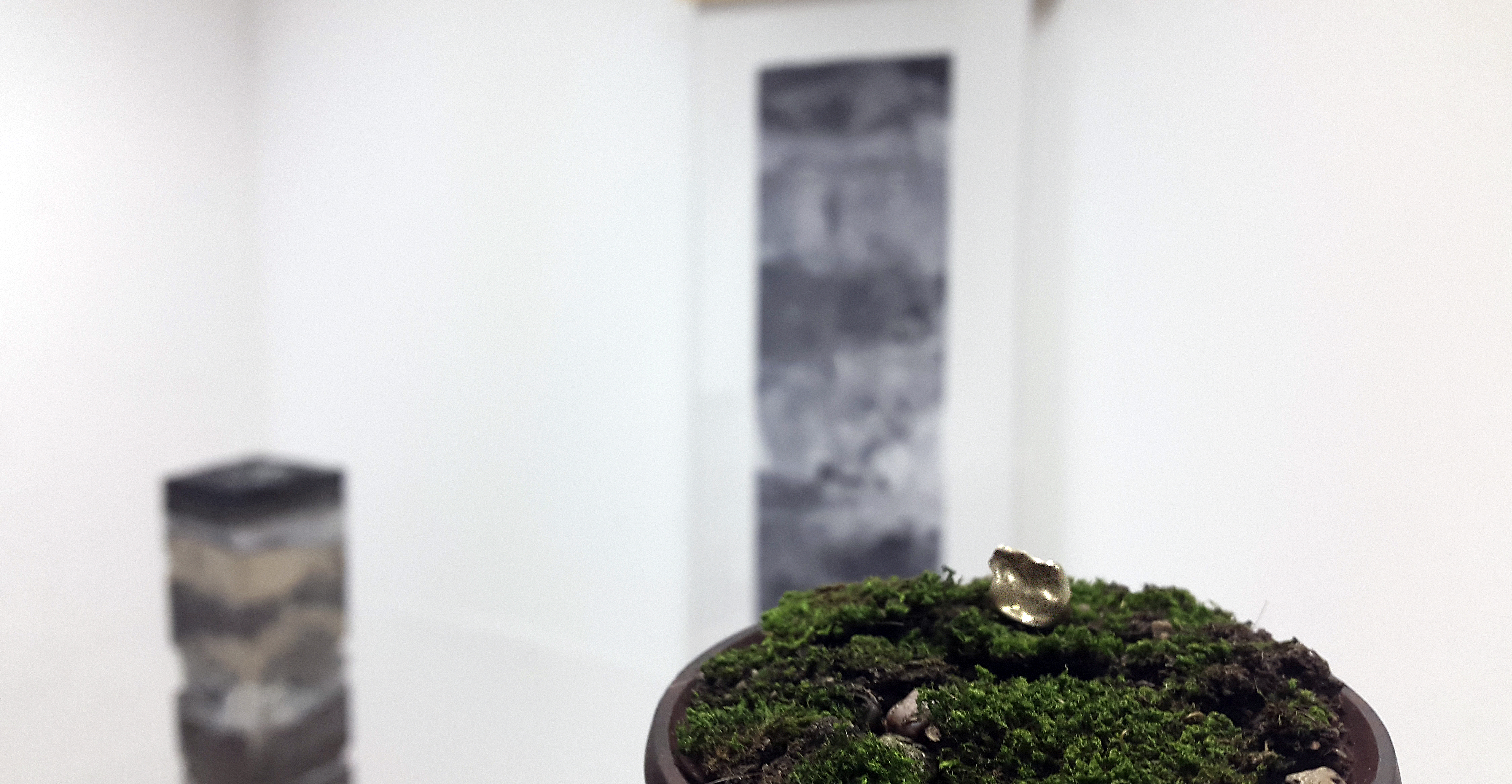 2018 found objects 4: gold tooth (detail), gold tooth, clay, moss, metal at In Progress, group exhibition. Chelsea College of Arts, London (UK)