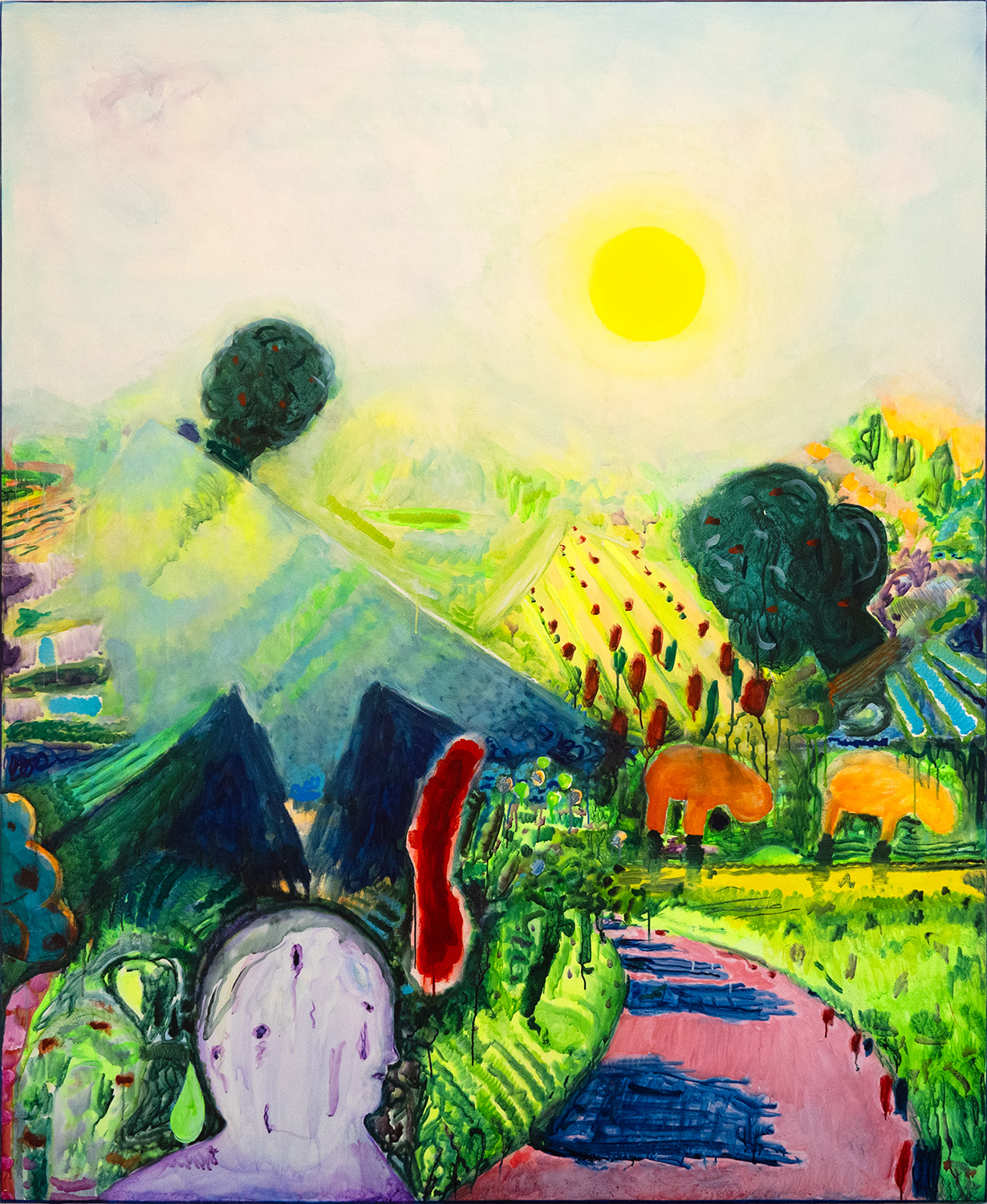 trigger room / 210 x 170 cm / watercolor, ink, acrylic on nettle / Andreas Lech 2024