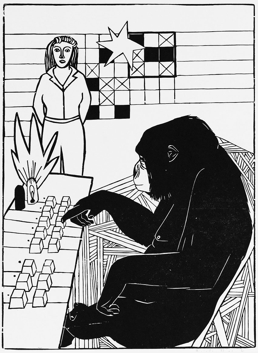 Holzschnittgrafik zum Thema Menschen und Affen