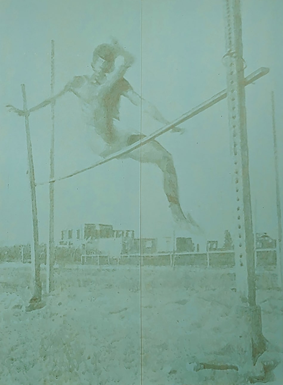 Jérémie Setton Deuxième Génération - Saut en hauteur Dessins à l’eau et savon d’Alep sur panneau de placoplatre 140 x 190 cm Courtesy de l’artiste