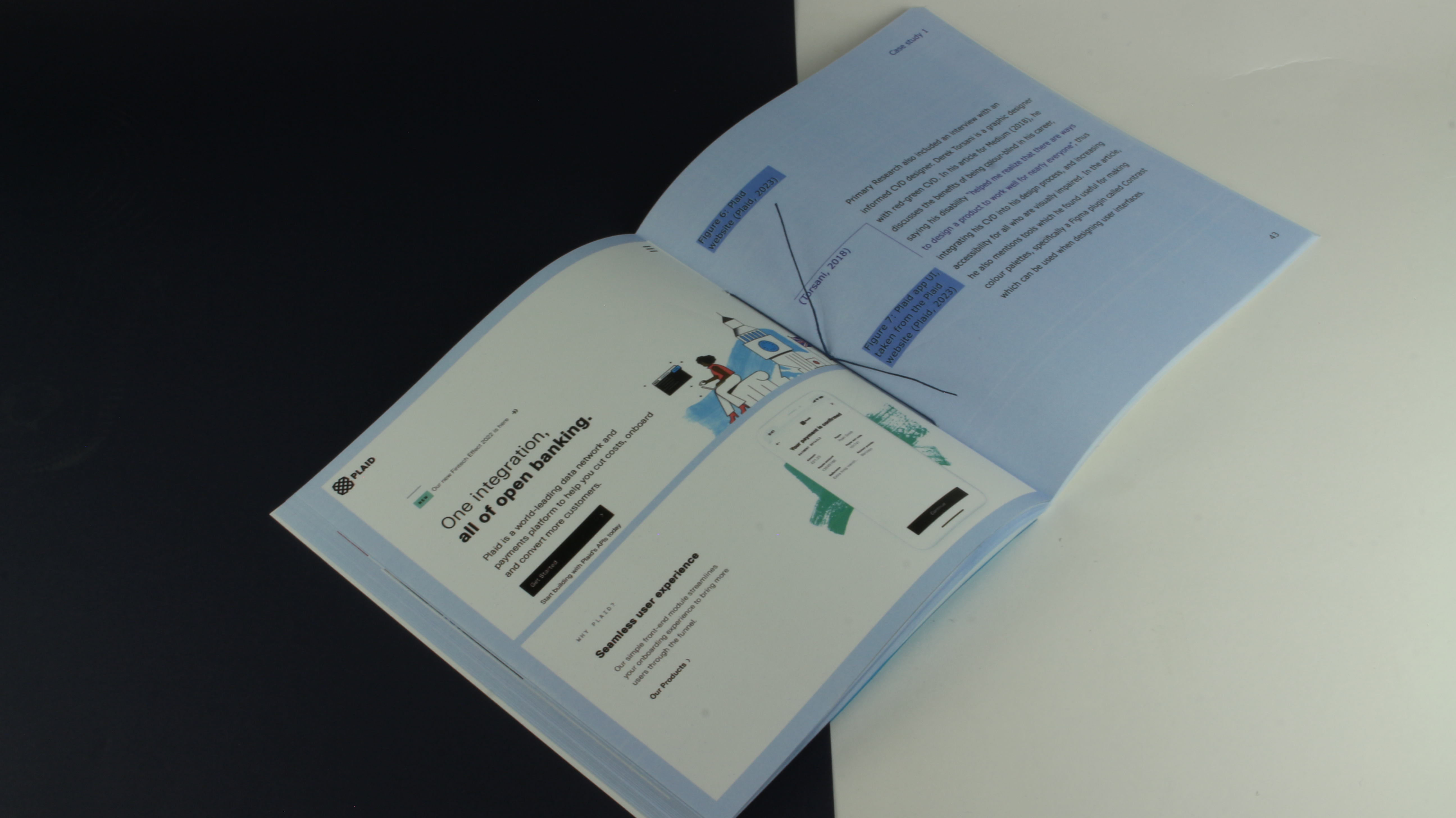 Inner spread of designed dissertation, showing saddle stitch binding and large images