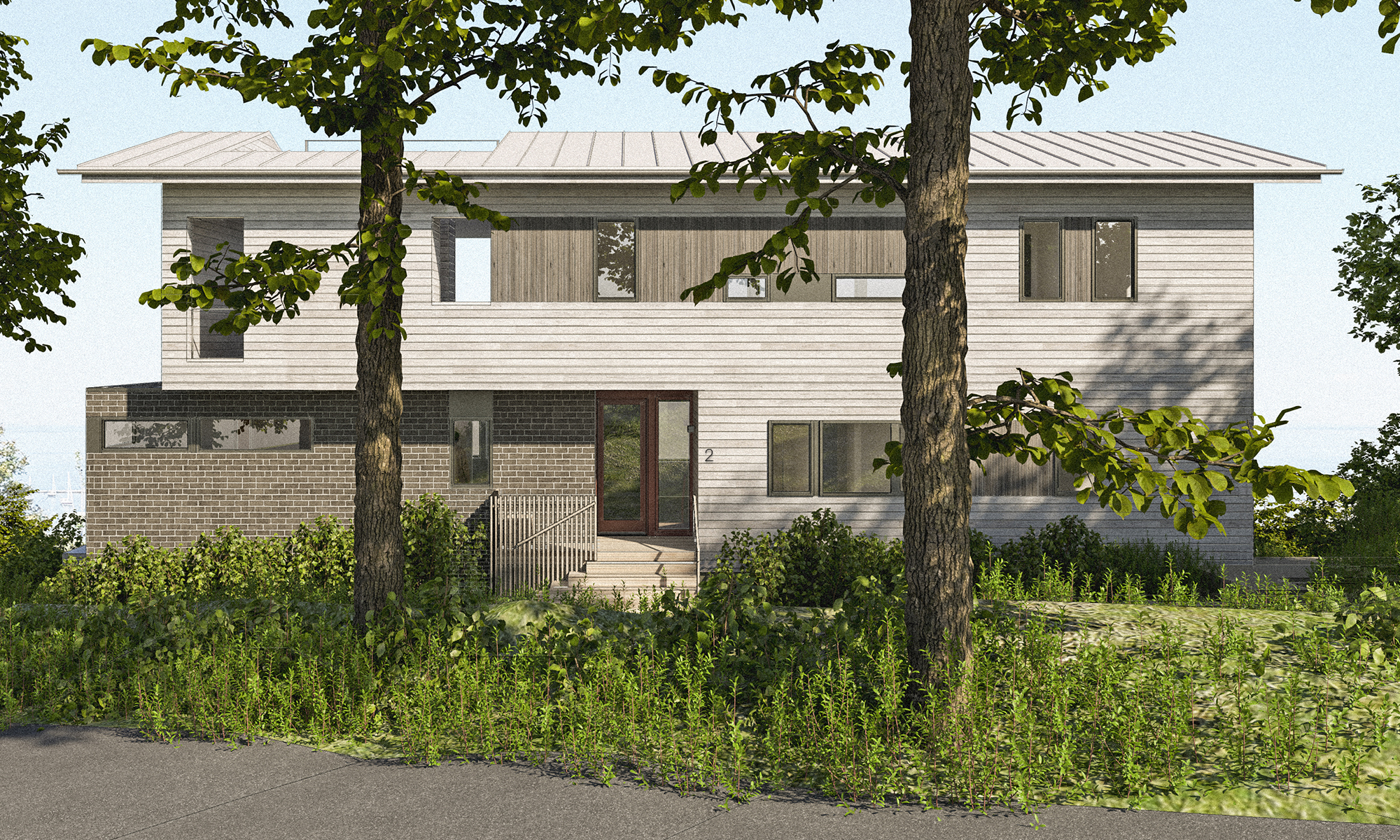 Conceptual rendering of the Two Hill residence's entry facade, showing the horizontal siding, brick base, and the home's contemporary form nestled into the Atlantic Highlands landscape.
