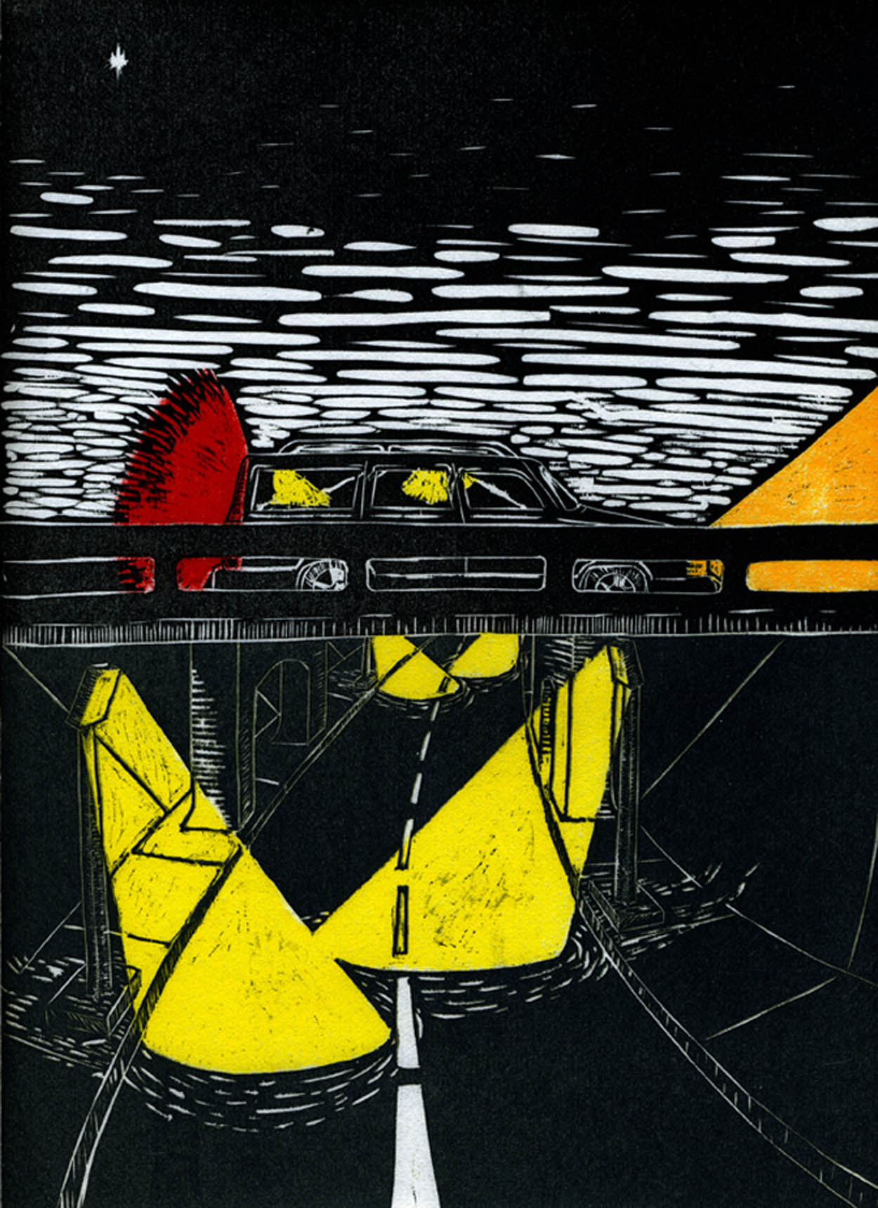 "Urban Nightlights" 2008; 4 Color Woodcut, Edition of 10