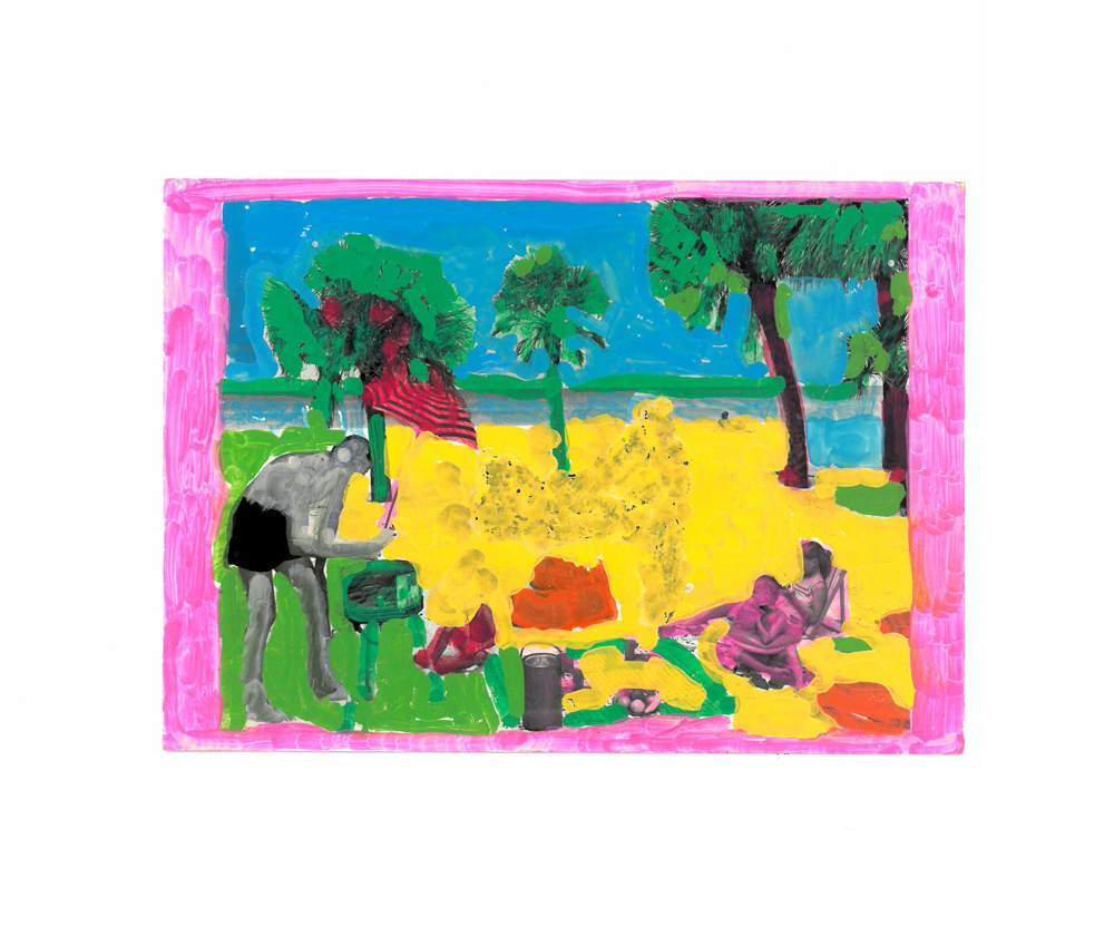 Alice Wong | AW 292 (2020) | 4.25x6 inches | Mixed media on photograph | Opening bid $450 Enamel paint overlays a photograph of a family picnic. A grey figure with shiny black swim trunks stands over a kelly green barbecue grill. A striped red and black beach umbrella and bright green, feathery palm trees dot the beach, which has been overlaid in glossy yellow paint. Sky-blue paint saturates the water and sky. A woman colored in pink reclines on a beach chair, near a pink child sitting in an inflatable swim tube. The border of the work shows visible strokes of hot pink ink.