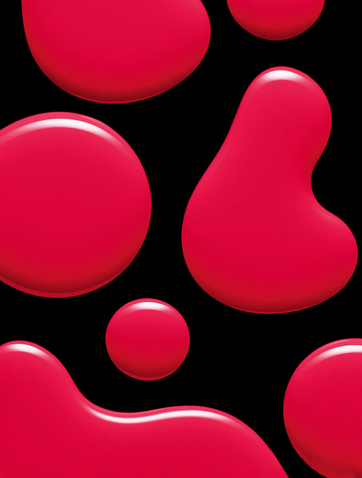 KMA stylist Rachel Haas designs set for photo of hot pink nail polish droplets on black background for Gucci