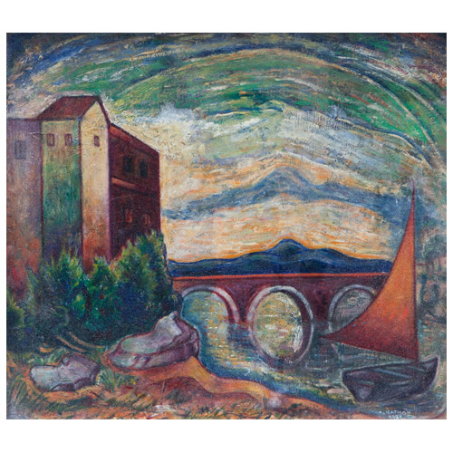 PONTE E BARCA 1921, olio su tavola, cm 48 x 54