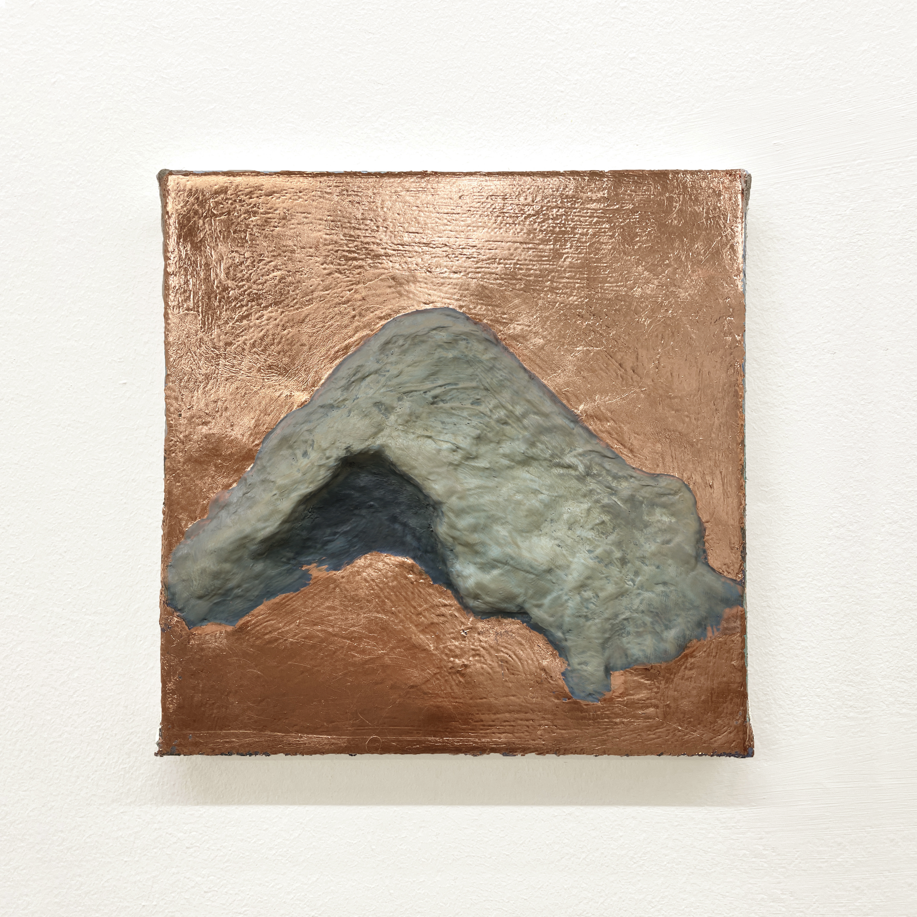 Copper Landscape Series: Under the Ground, Over the Sea, No.4, 2022, 30x30cms, copper leaf, oil, papier mâché, and gesso on jute