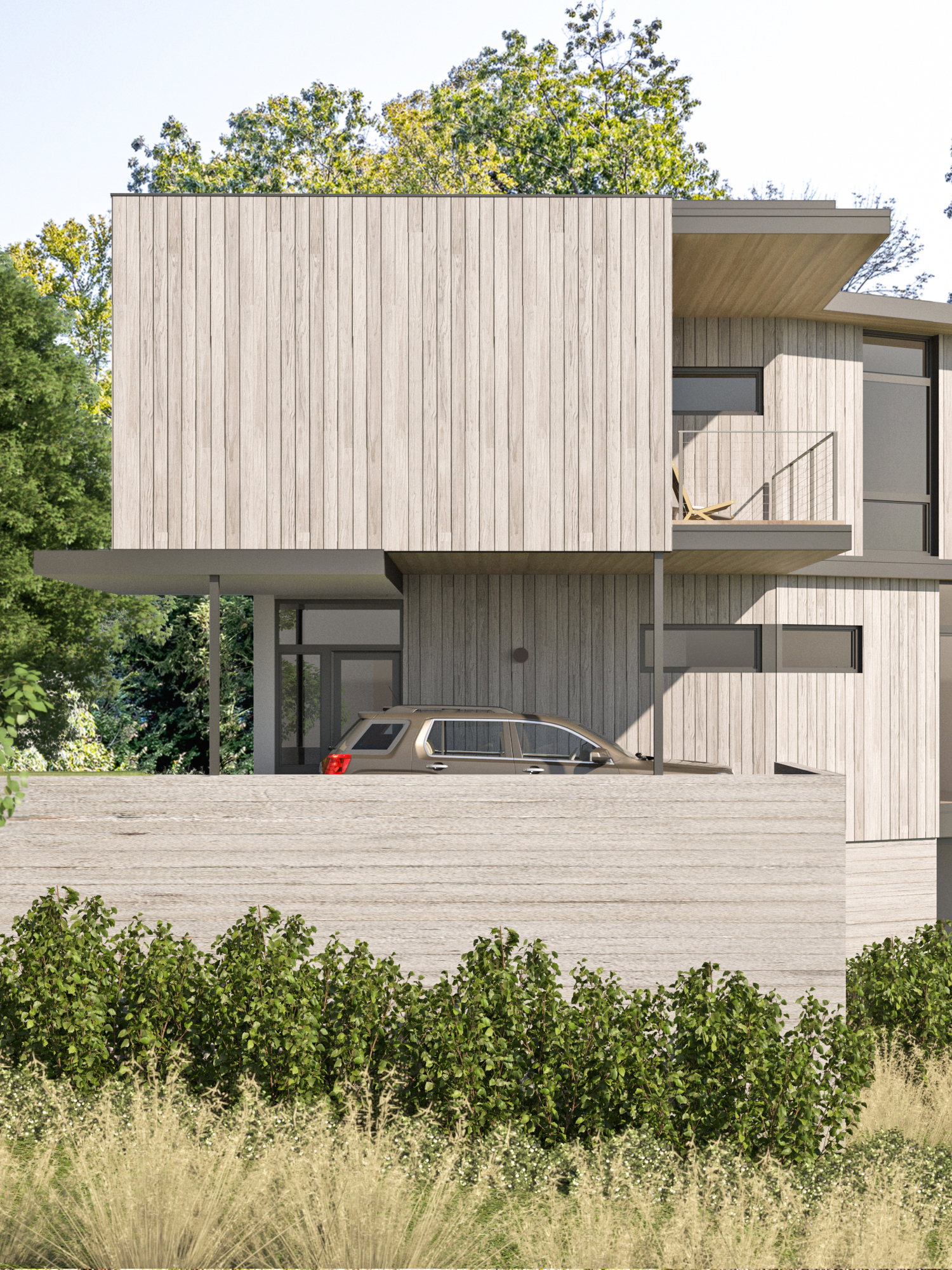 Architectural rendering of the Lake House east facade, showing the two-story volume clad in vertical cypress wood boards, elevated over an open carport with a visible car, and featuring a small private balcony.