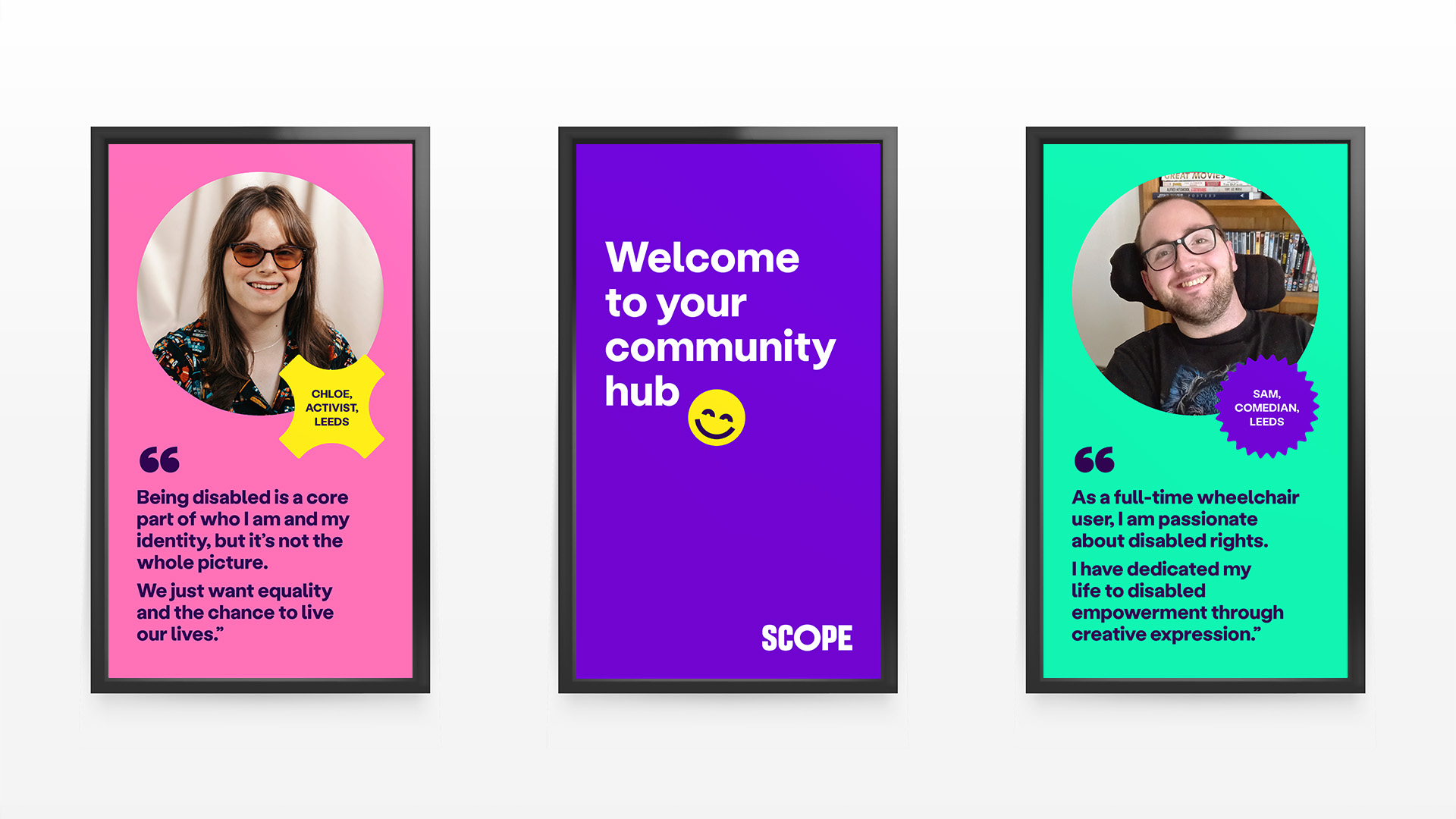 A mockup of three side-by-side screens showing quotations from local disabled people. The screens are different bright colours. The quotations are written in dark purple text. The disabled people's photographs are on the screens in a circle above their quotation. Their names are in different coloured shapes at the right corner of the photo.