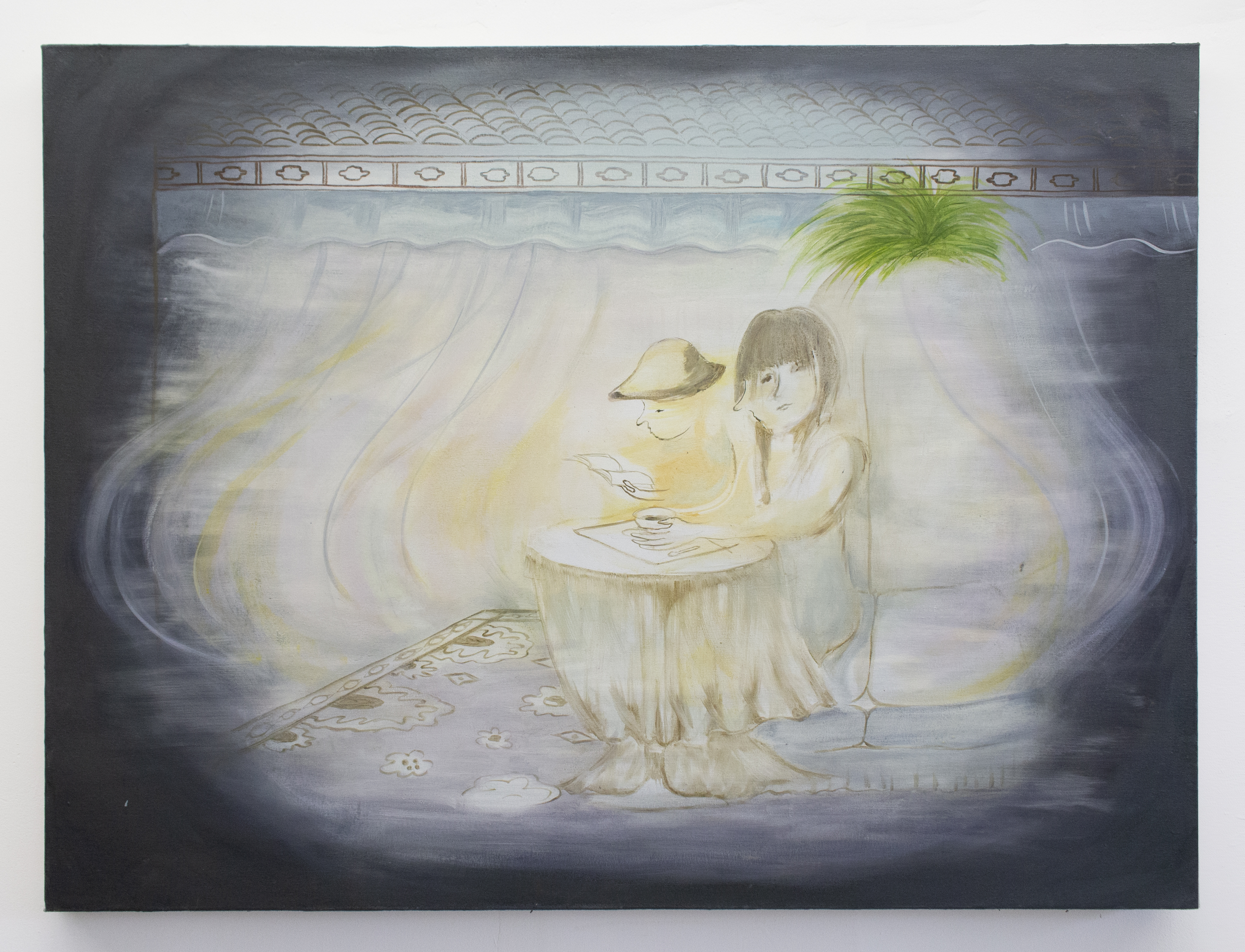 At the tea house, Oil and acrylic on canvas, 47 x 35 in, 2023