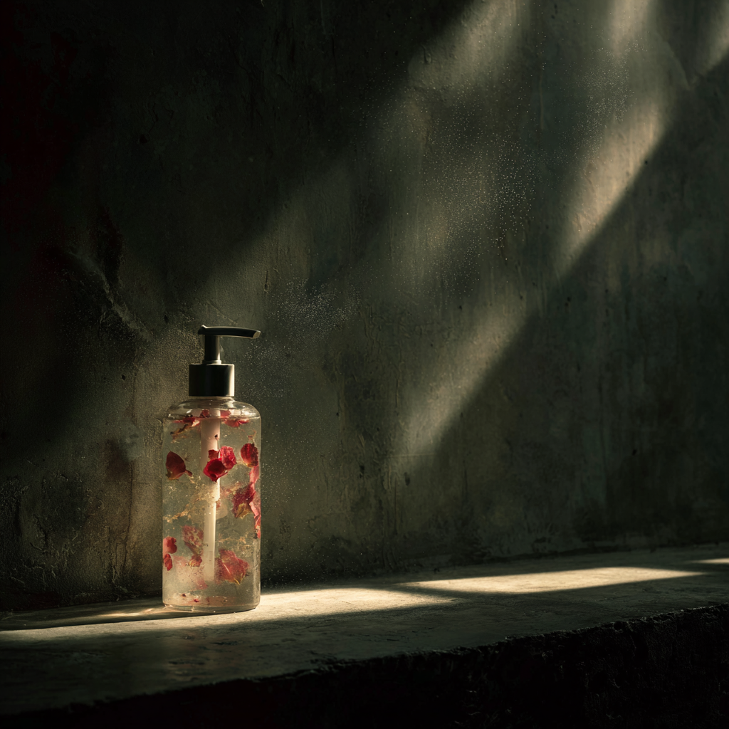 STILL — liquid soap bottle in spotlight