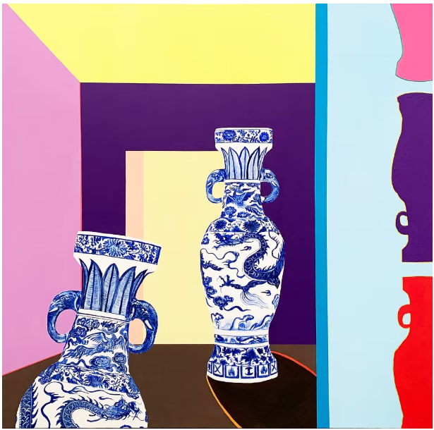 Chinese ink and mixed media titled 'Before and After, Cloud and Dragon Pattern Meiping Vase' by Jennifer Boyuan Han