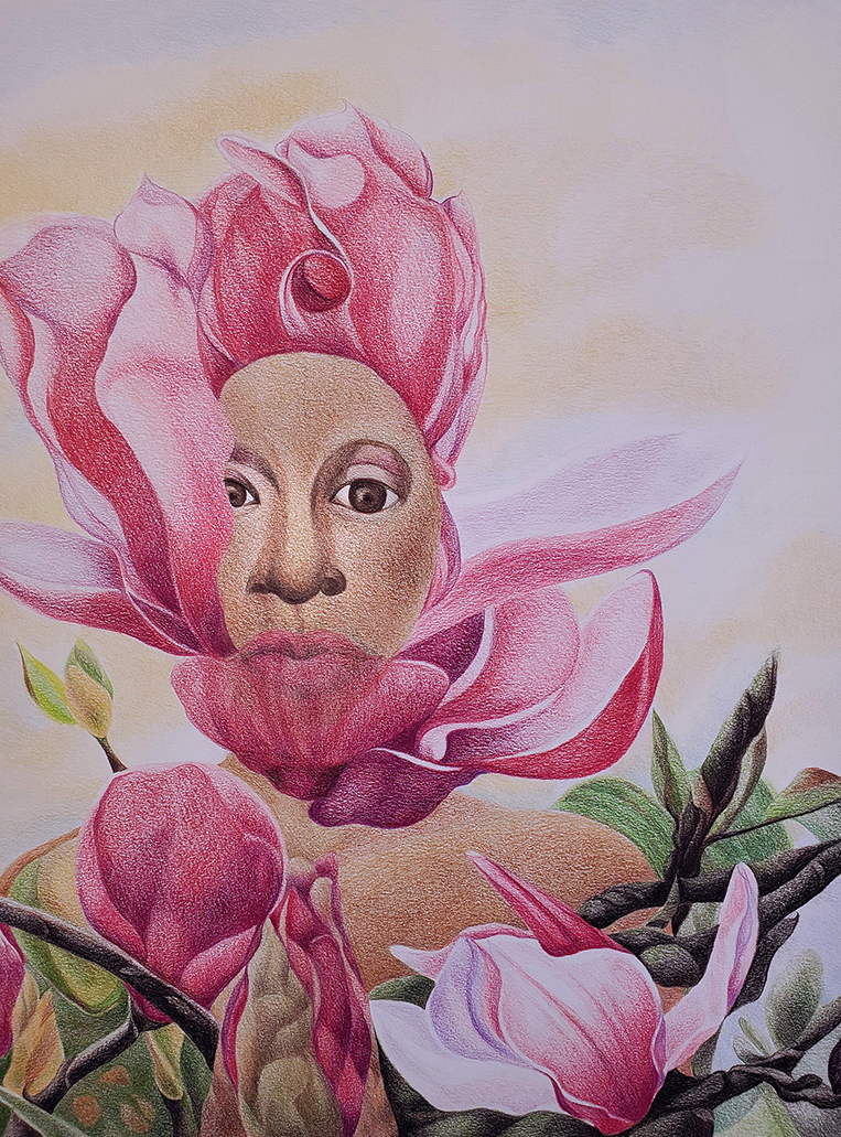 Colored pencil drawing titled 'Out of Flower VIII' by Carla Golder