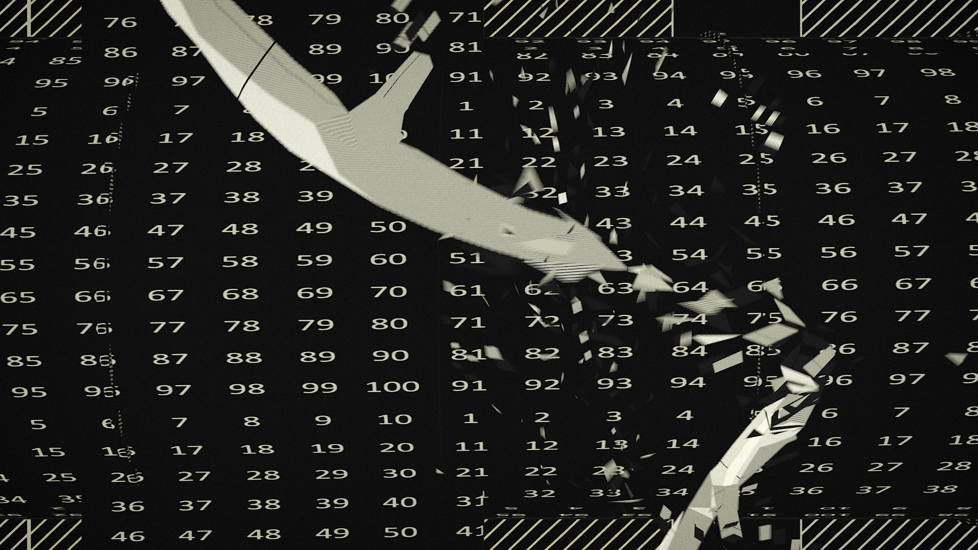 Video still from Hayflick Limit – typographic overlays and noise