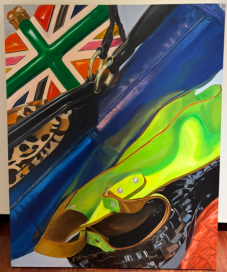 Oil on canvas triptych titled 'Family Time 1' by Siana Smith