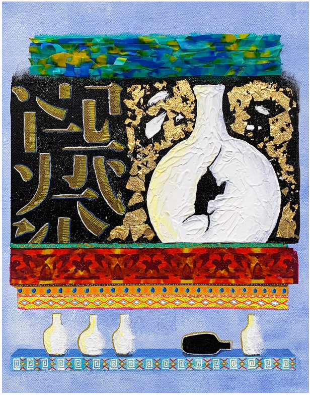 Chinese ink and mixed media titled 'Before and After, Cloud and Dragon Pattern Meiping Vase' by Jennifer Boyuan Han