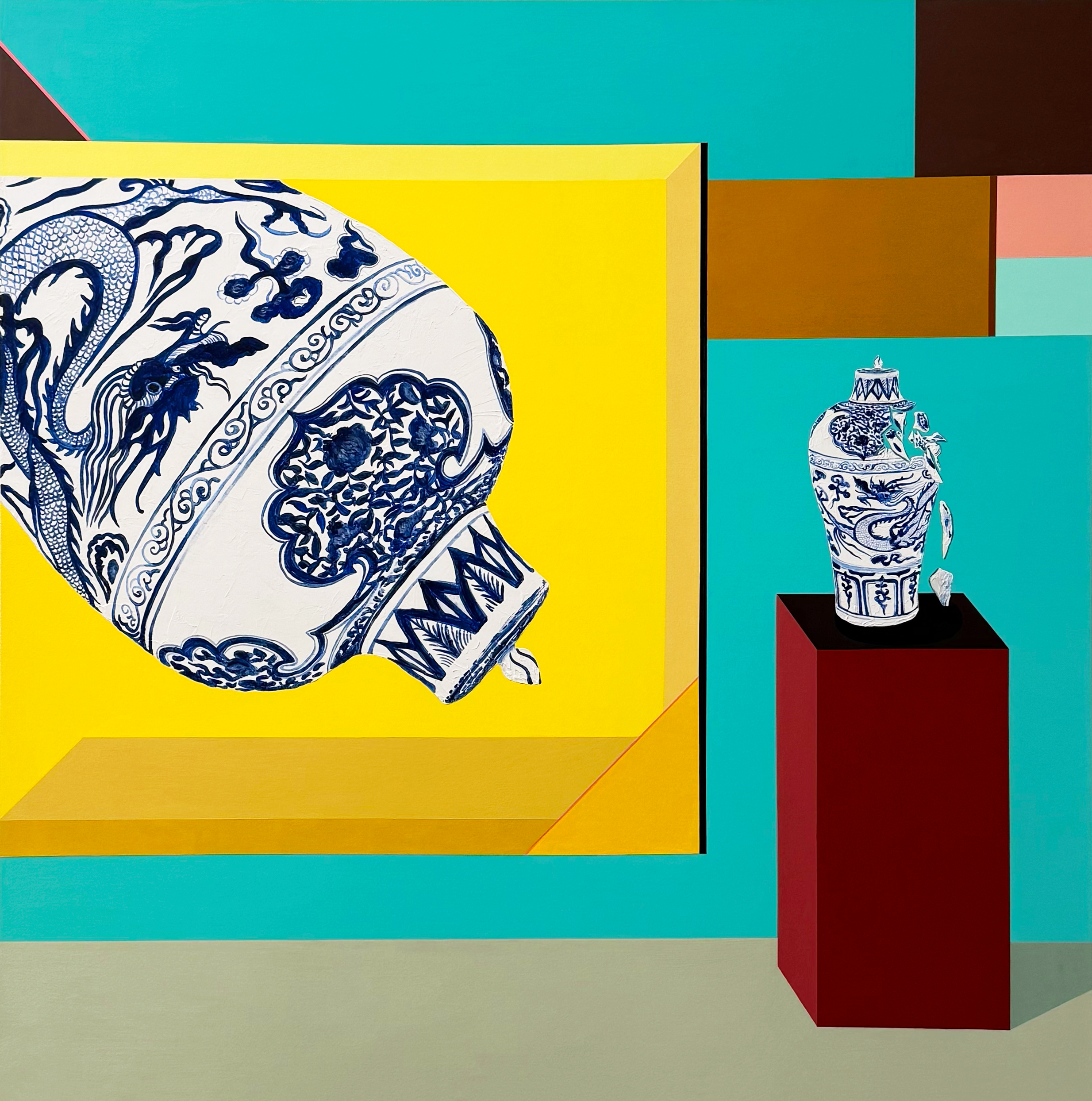 Chinese ink and mixed media titled 'Before and After, Cloud and Dragon Pattern Meiping Vase' by Jennifer Boyuan Han