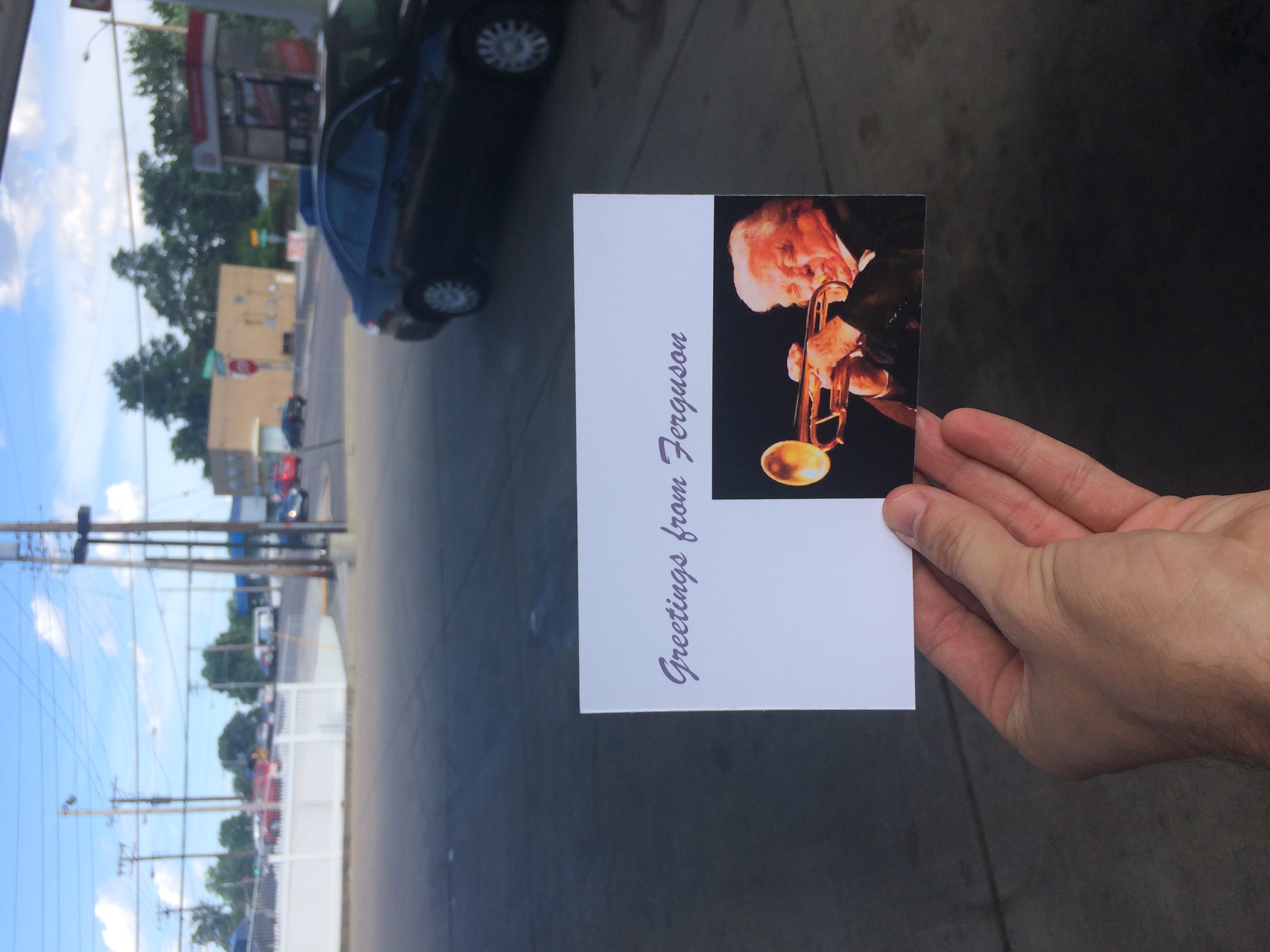 Left this card in Ferguson, MO spent awhile driving around Ferguson and went to the Michael Brown memorial. This place is still hurting one year later. I drove from Town and Country, one of the richest suburbs in America, to Ferguson. At one point the sidewalks disappeared and the roads became filed with potholes. Segregation is still alive and well. 