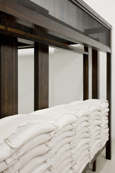 The Contagious Bride, 2012, variable size, wood, stain, screen, sand bags, plaster