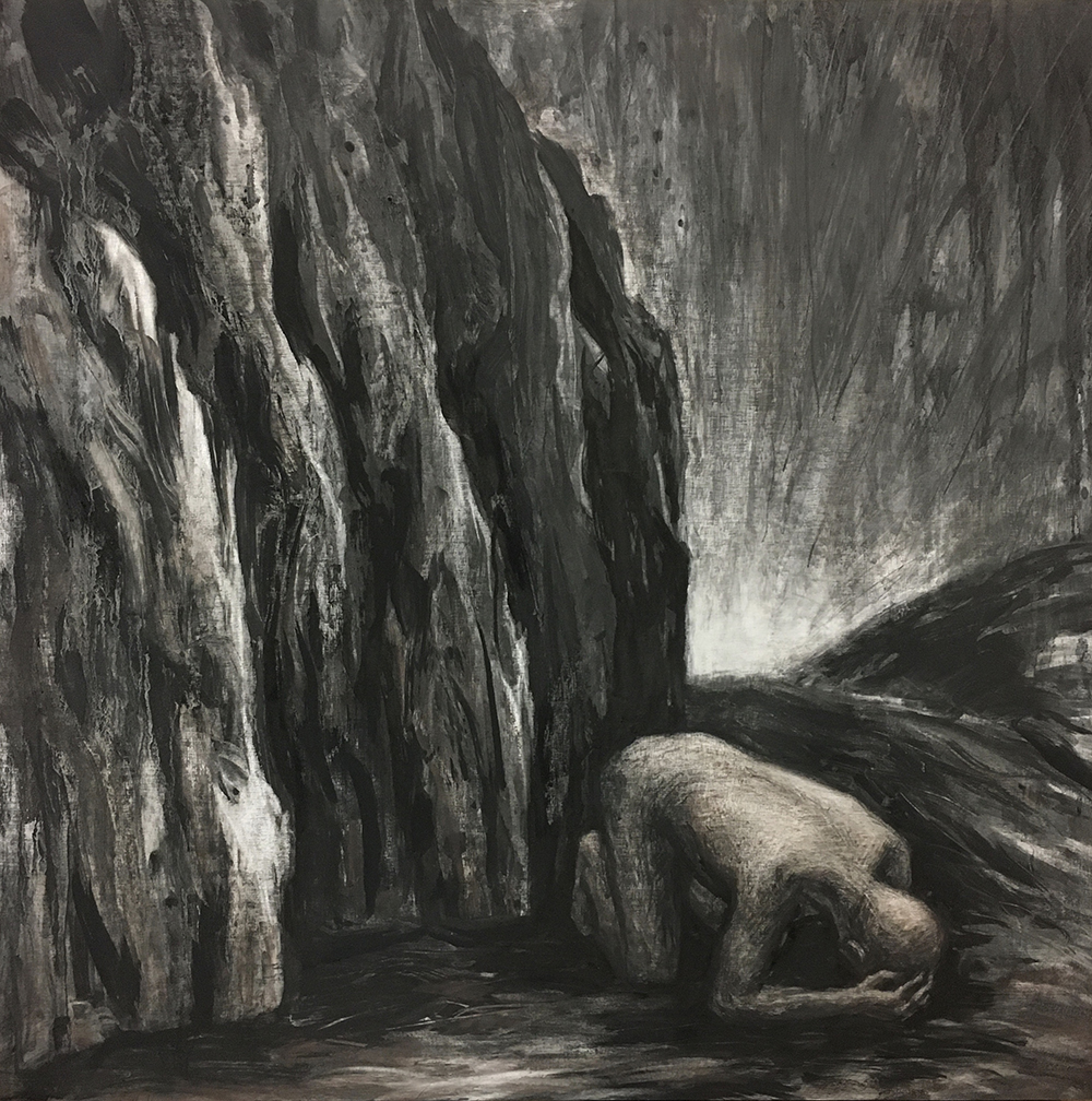 How much suffering there is to get through!, 2020 18"x18", charcoal, conté, graphite, & ink on panel
