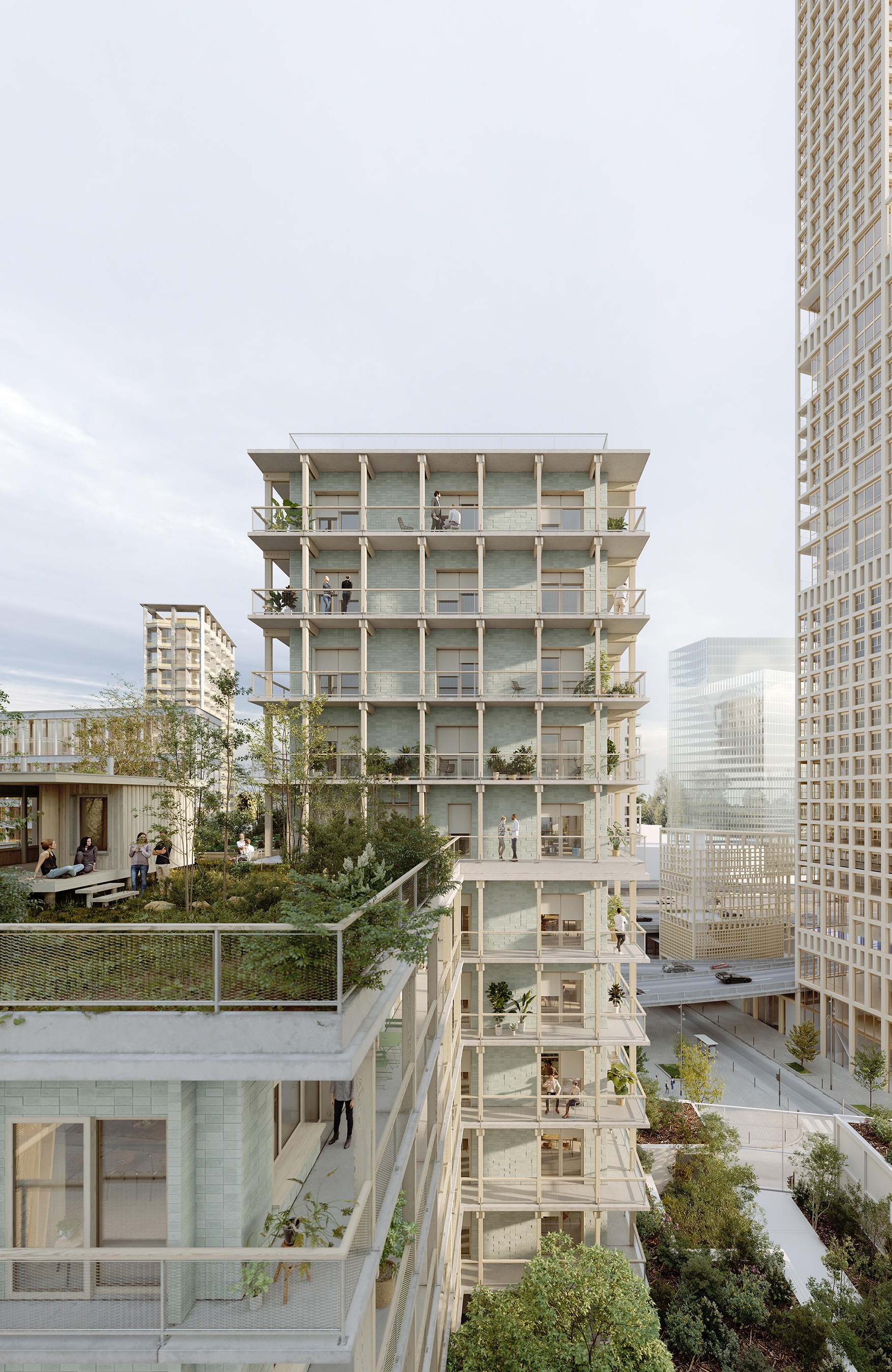 B1A5 housing Competition in the Bruneseau district / Paris. Wooden structure and concrete base. Long balconies supported by a wooden visible structure.