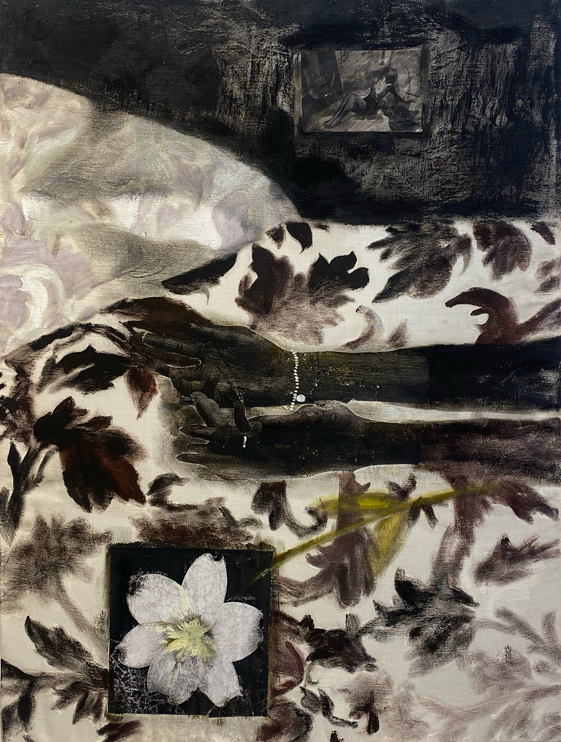 untitled, 24” x 17” photo collage, oil, on bedsheet