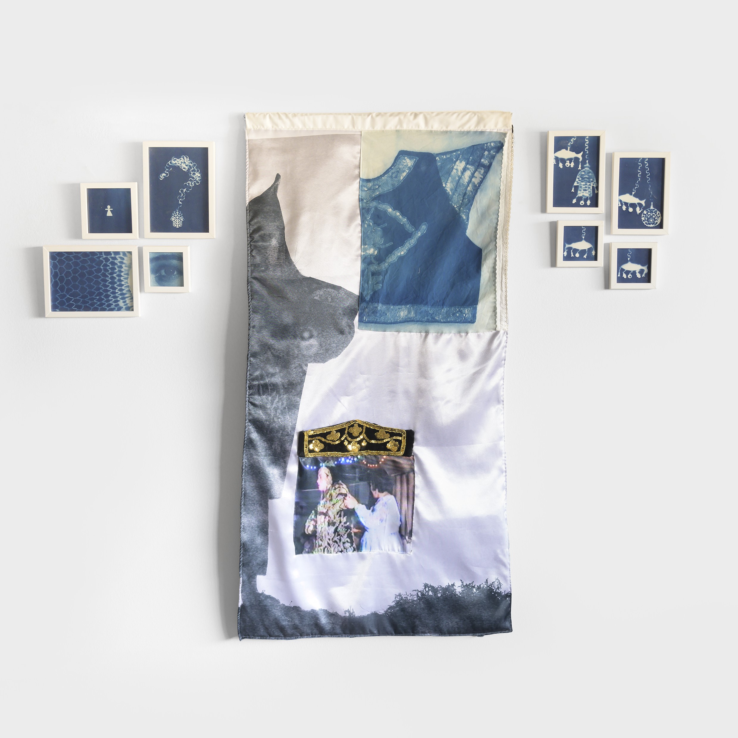 Echoes of the Accessories (Left), Crowned Tradition (Mid), Echoes of the Accessories (Right), Cyanotype and digital print and embroidery, 2024