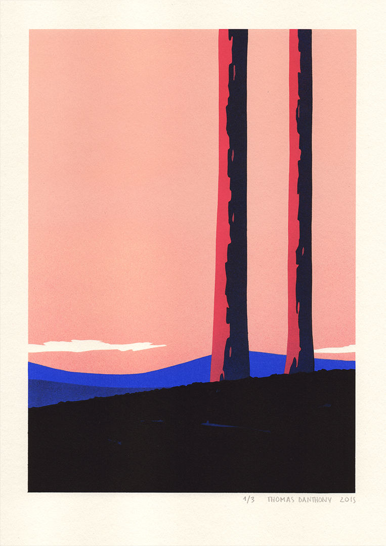 Sentinels, Pochoir in edition of 3, Gouache on paper, 21 x 30 cm, 2015.
