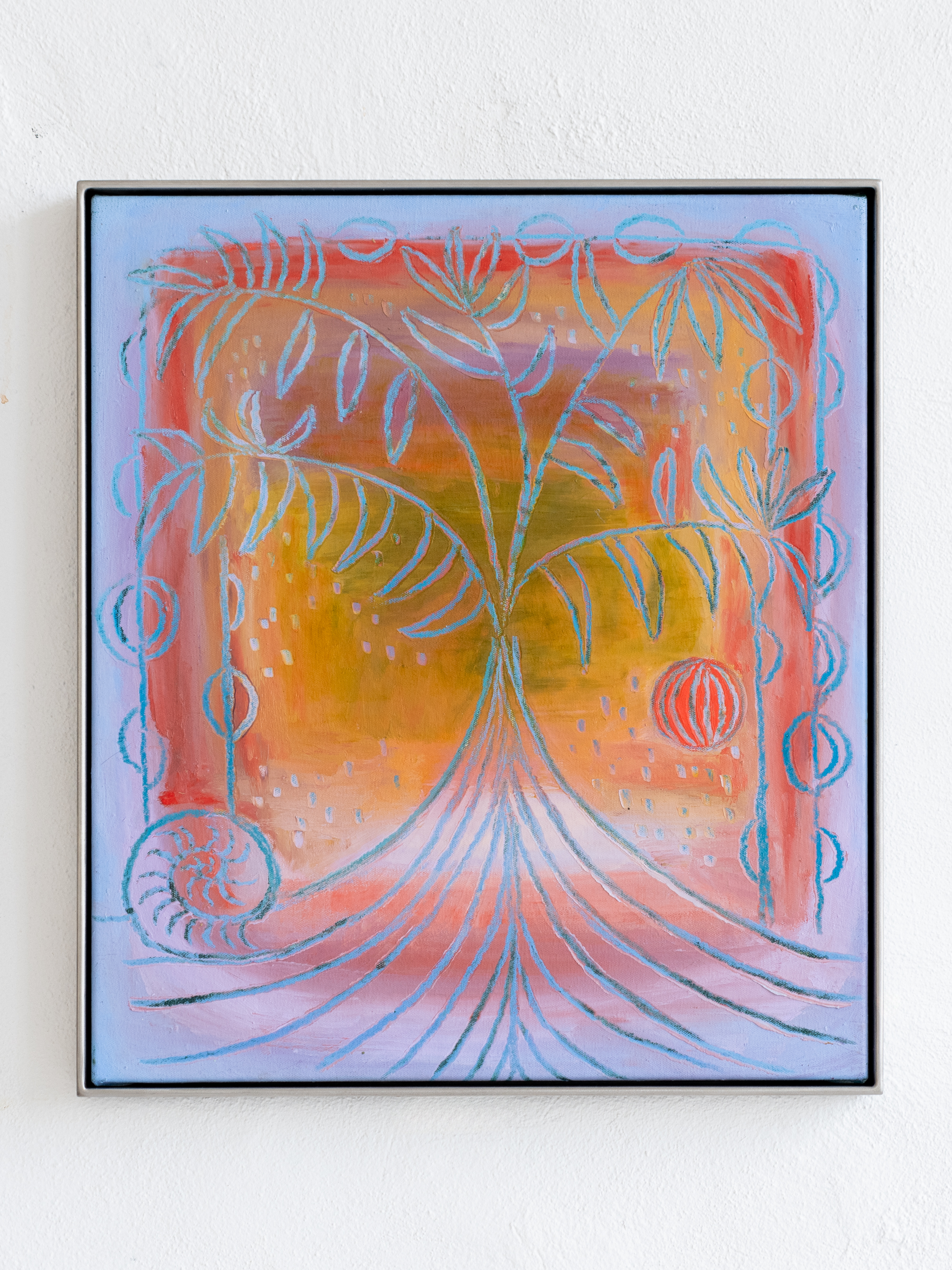 Haze, 2024. Oil & oil sticks on canvas framed in raw stainless steel flat finish. 52 x 59cm