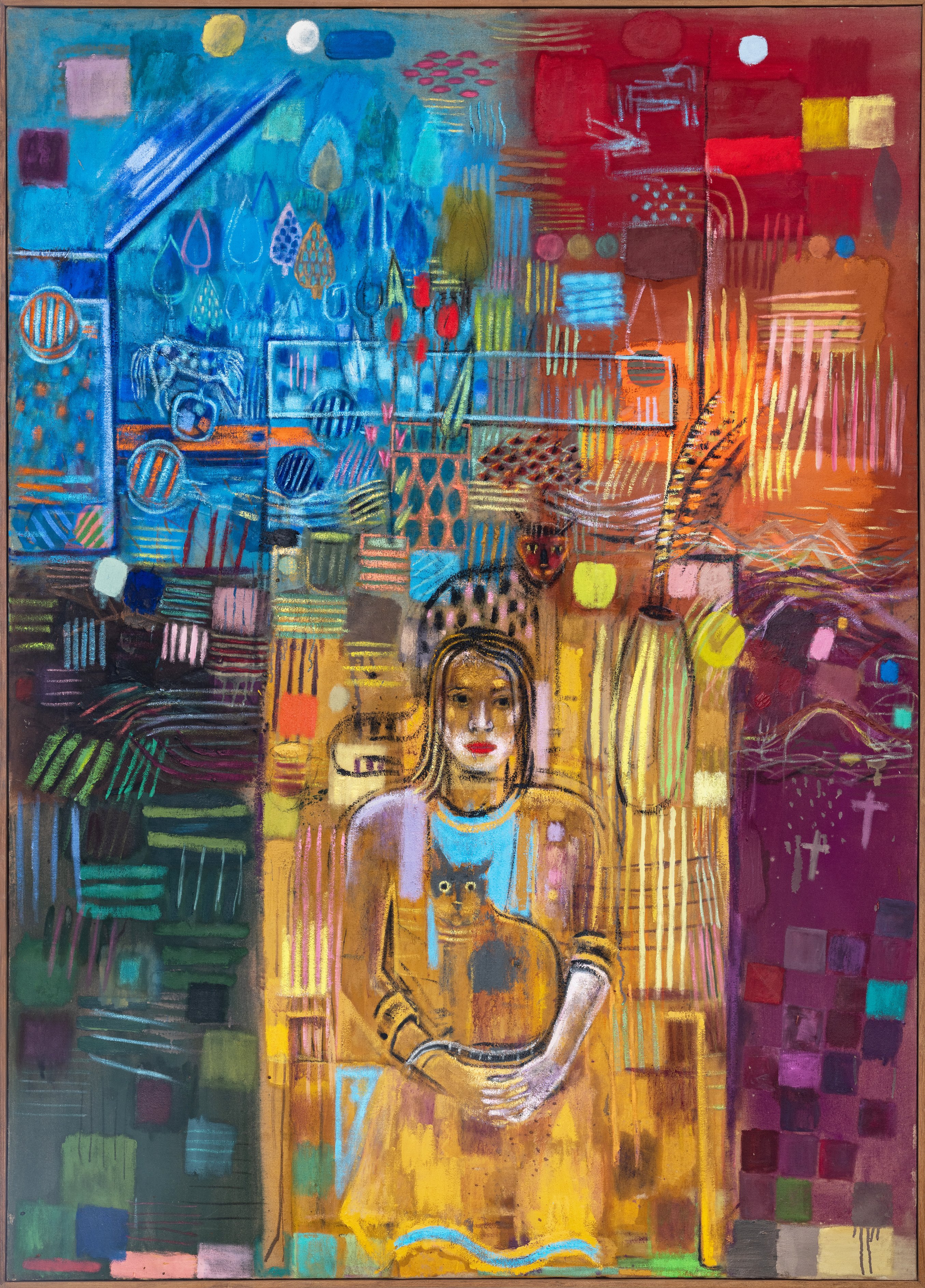 Hiromi, Layla, and Blu, 60" x 84" oil and distemper on linen, 2022