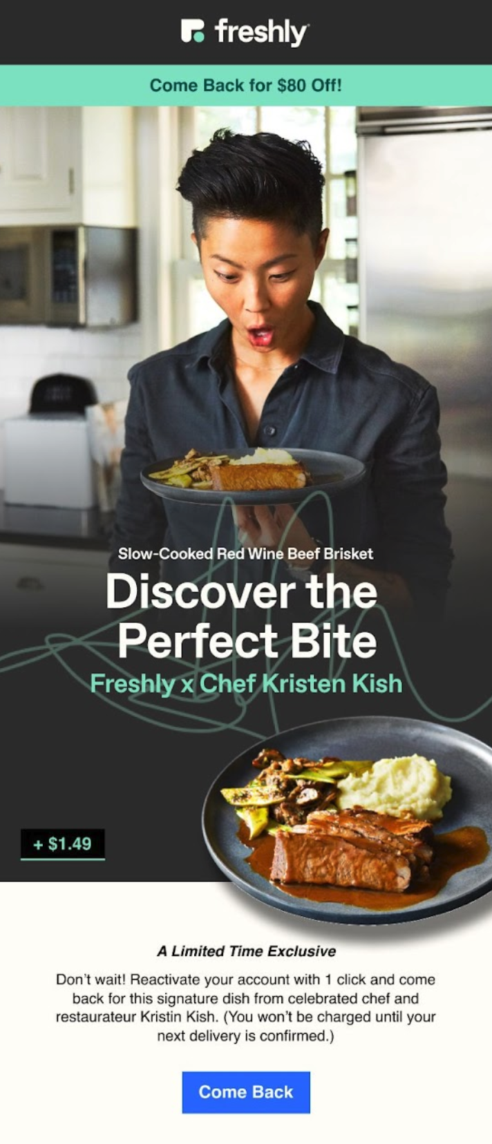 Email announcing the launch of Chef Kristen Kish's Slow-Cooked Red Wine Beef Brisket.
